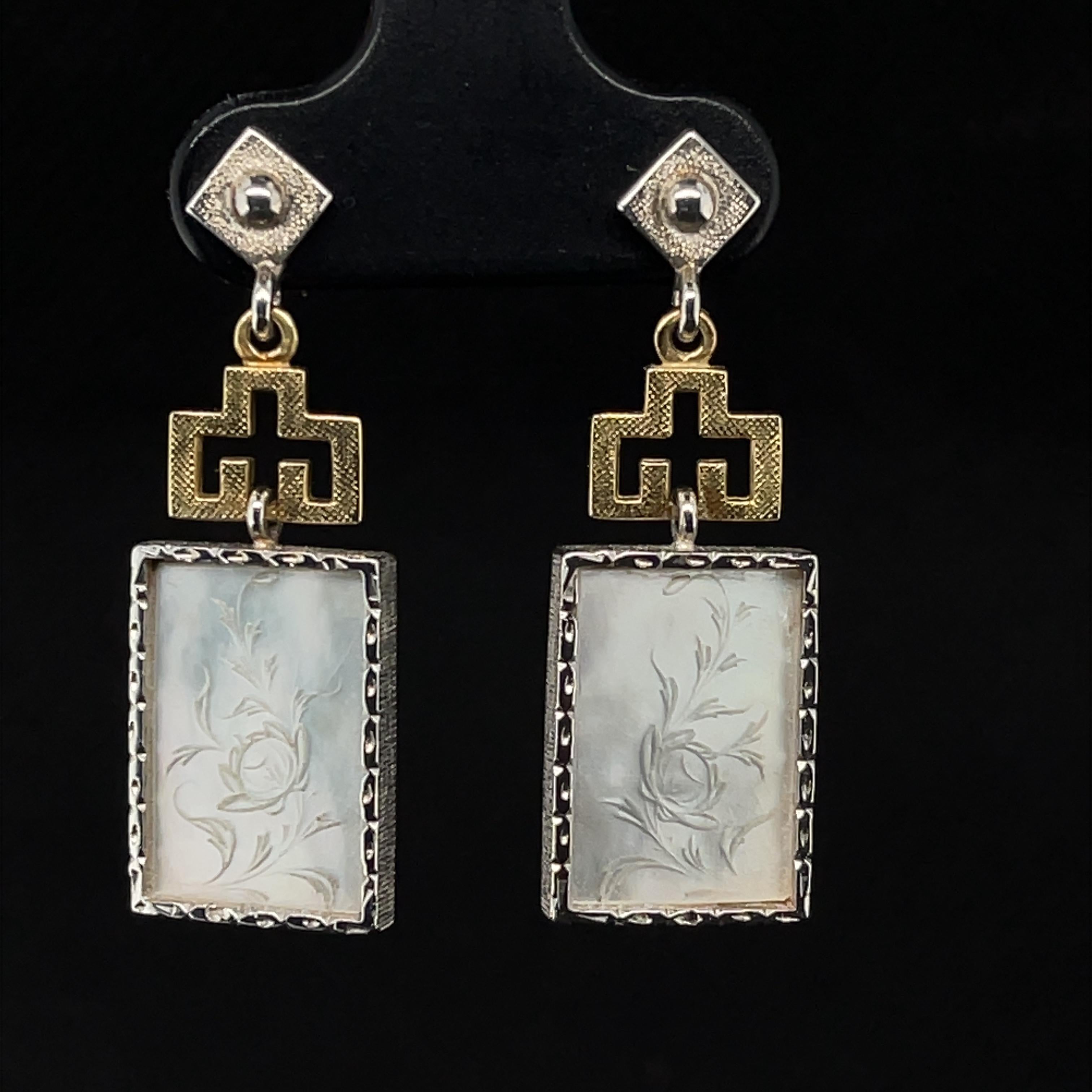 Artisan Hand-carved Antique Mother-of-Pearl Dangle Earrings in Yellow Gold and Silver  For Sale