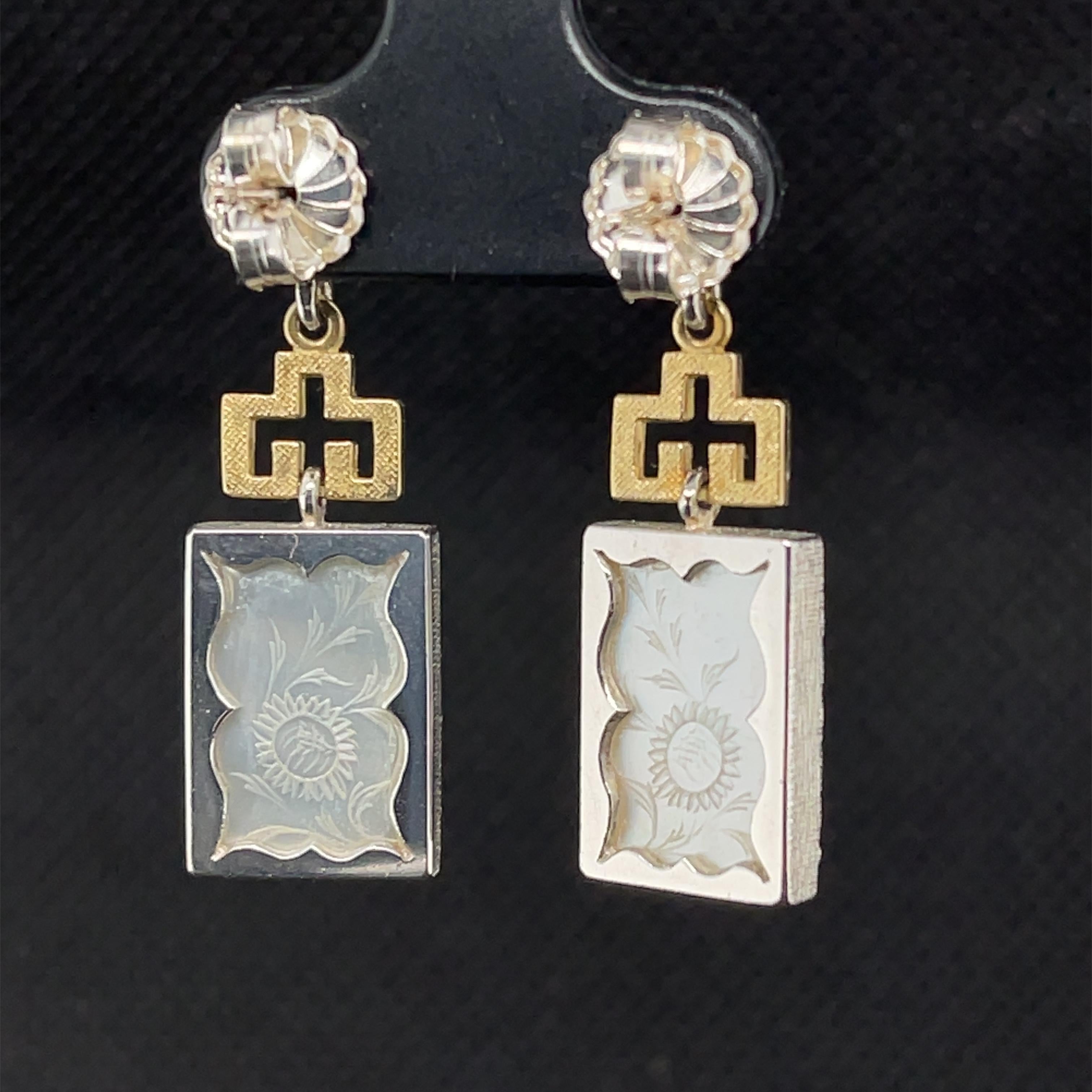 Mixed Cut Hand-carved Antique Mother-of-Pearl Dangle Earrings in Yellow Gold and Silver  For Sale