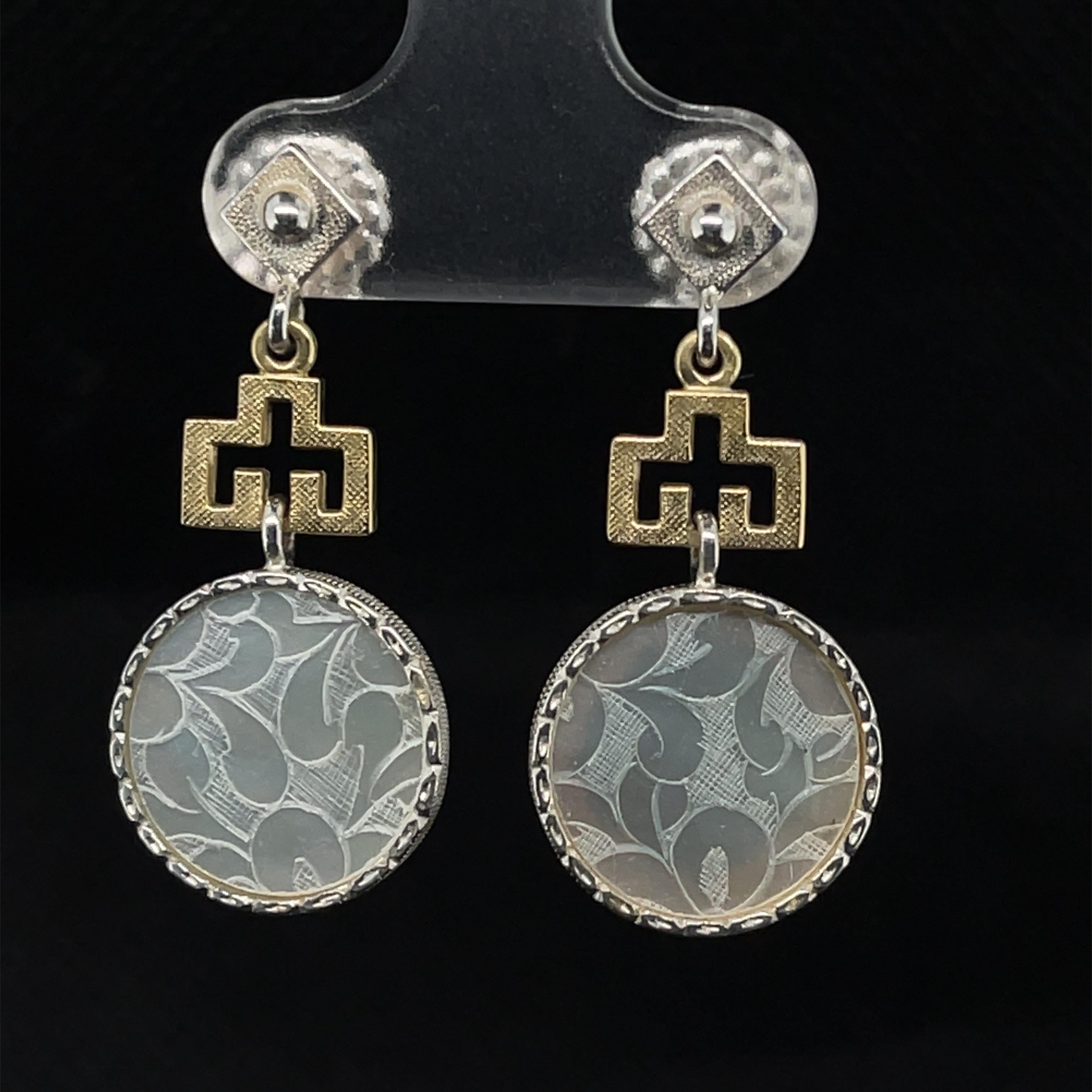 Women's Antique Mother-of-Pearl Gaming Counter Yellow Gold and Silver Dangle Earrings For Sale