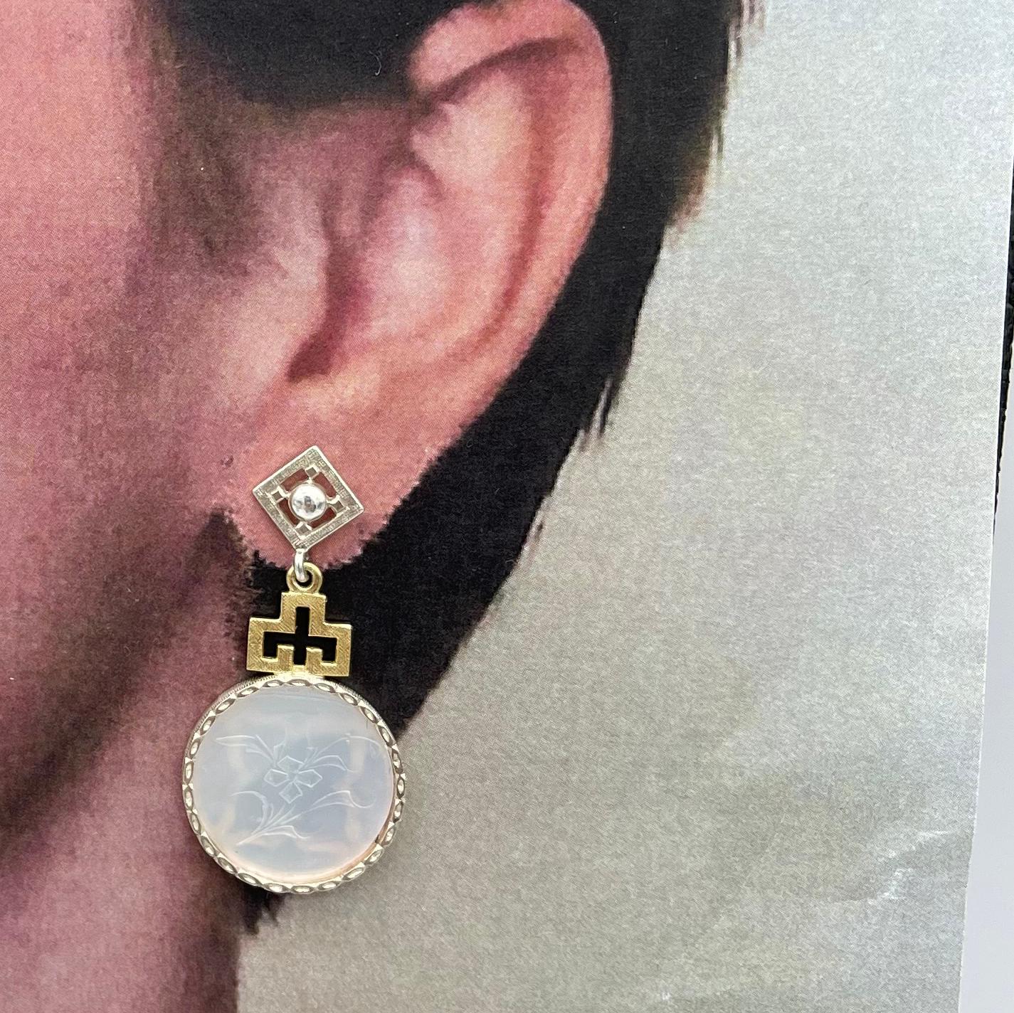 Antique Mother-of-Pearl Gaming Counter Round Drop Earrings in Gold and Silver For Sale 1