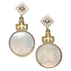 Antique Mother-of-Pearl Gaming Counter Yellow Gold and Silver Dangle Earrings