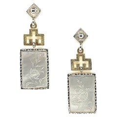 Antique Mother-of-Pearl Gaming Counter Yellow Gold and Silver Dangle Earrings