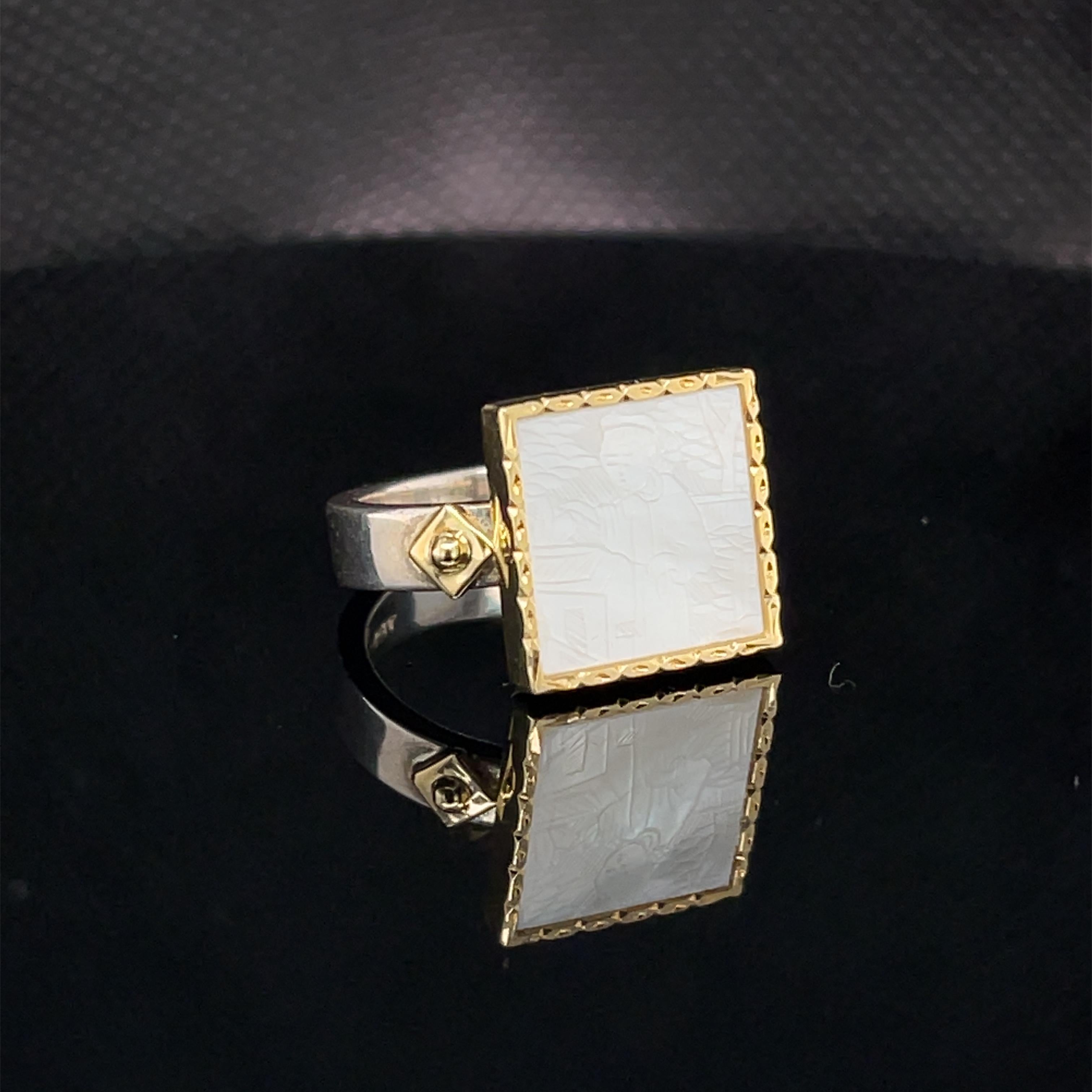 Artisan Antique Mother-of-Pearl Gaming Counter Ring in 18k Yellow Gold and Silver  For Sale