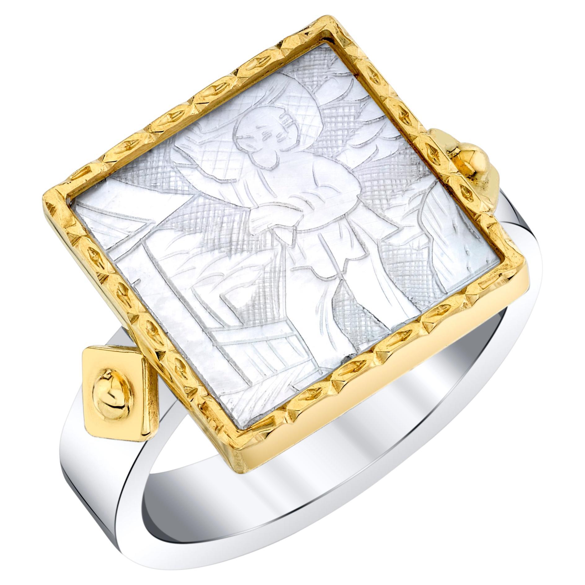 Antique Mother-of-Pearl Gaming Counter Ring in 18k Yellow Gold and Silver 