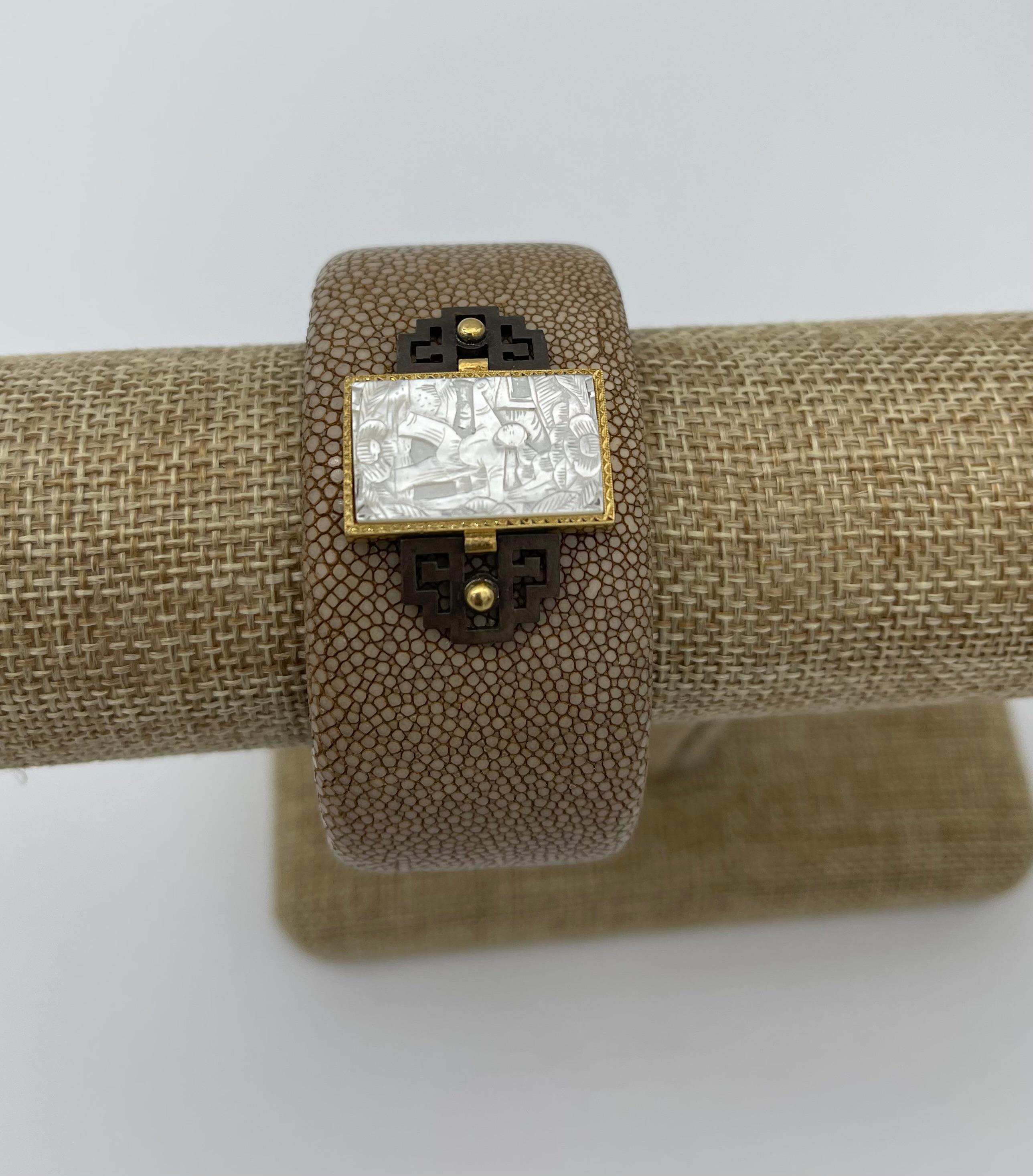 Artisan Antique Mother-of-Pearl Gaming Counter Yellow Gold Shagreen Wide Cuff Bracelet For Sale