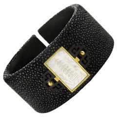 Antique Mother-of-Pearl Gaming Counter Yellow Gold Shagreen Wide Cuff Bracelet