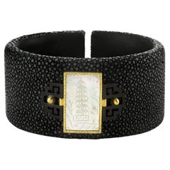 Antique Mother-of-Pearl Gaming Counter Yellow Gold Shagreen Wide Cuff Bracelet