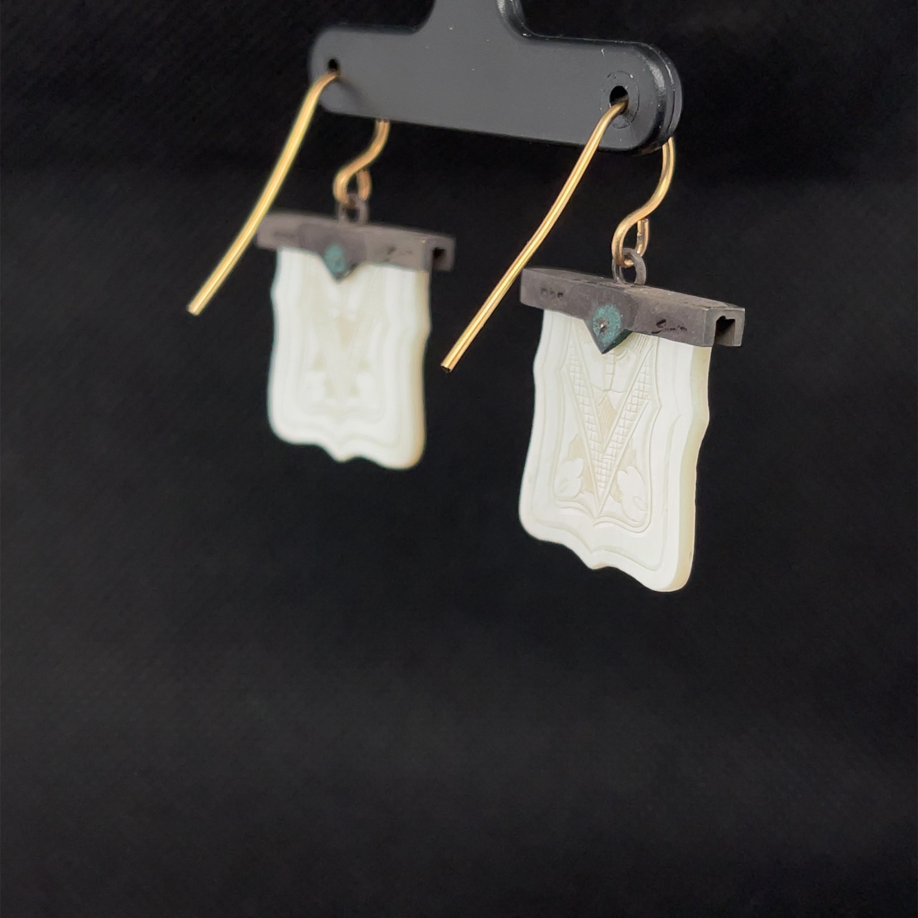Artisan Antique Mother-of-Pearl Gaming Counter Dangle Earrings in Gold and Silver For Sale