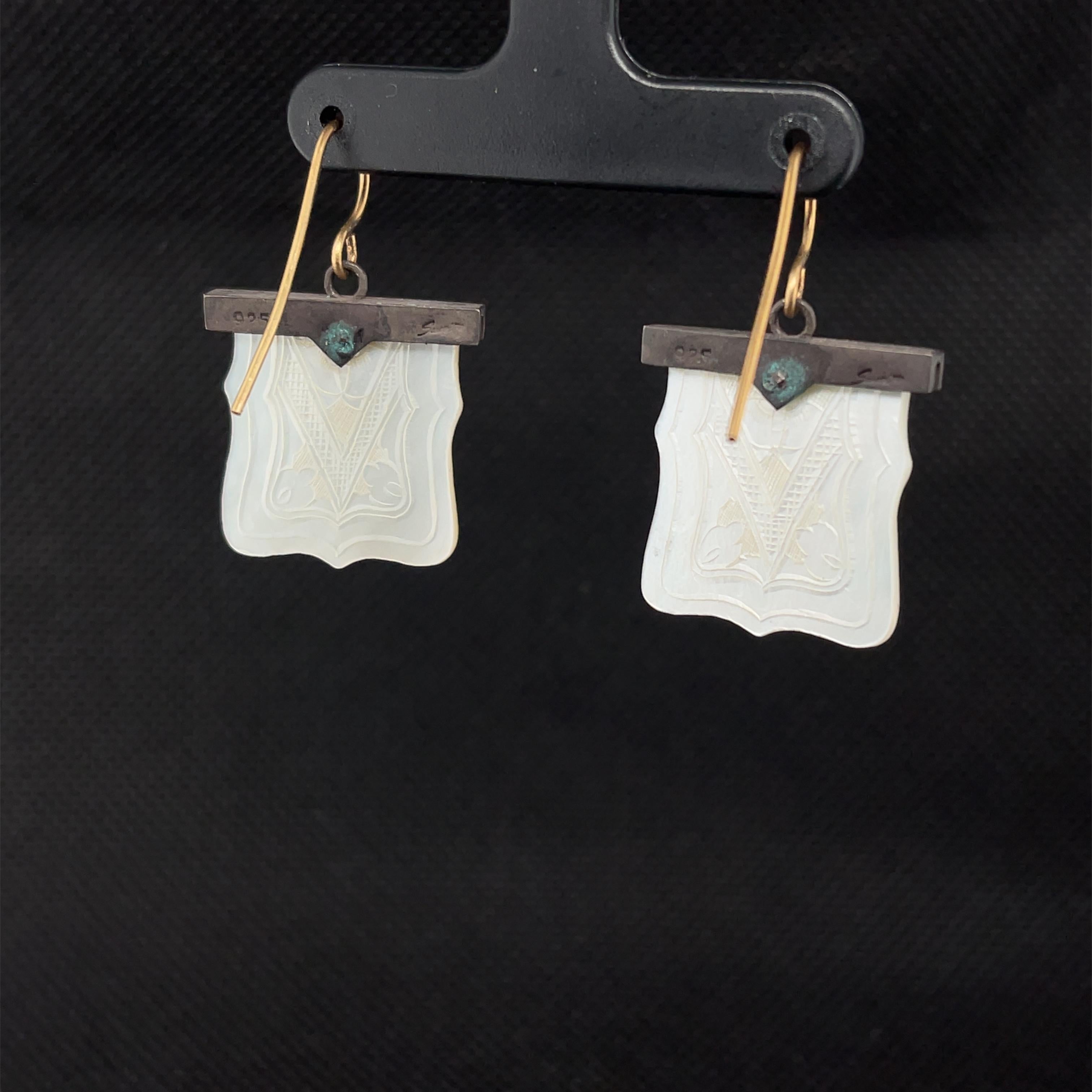 Square Cut Antique Mother-of-Pearl Gaming Counter Dangle Earrings in Gold and Silver For Sale
