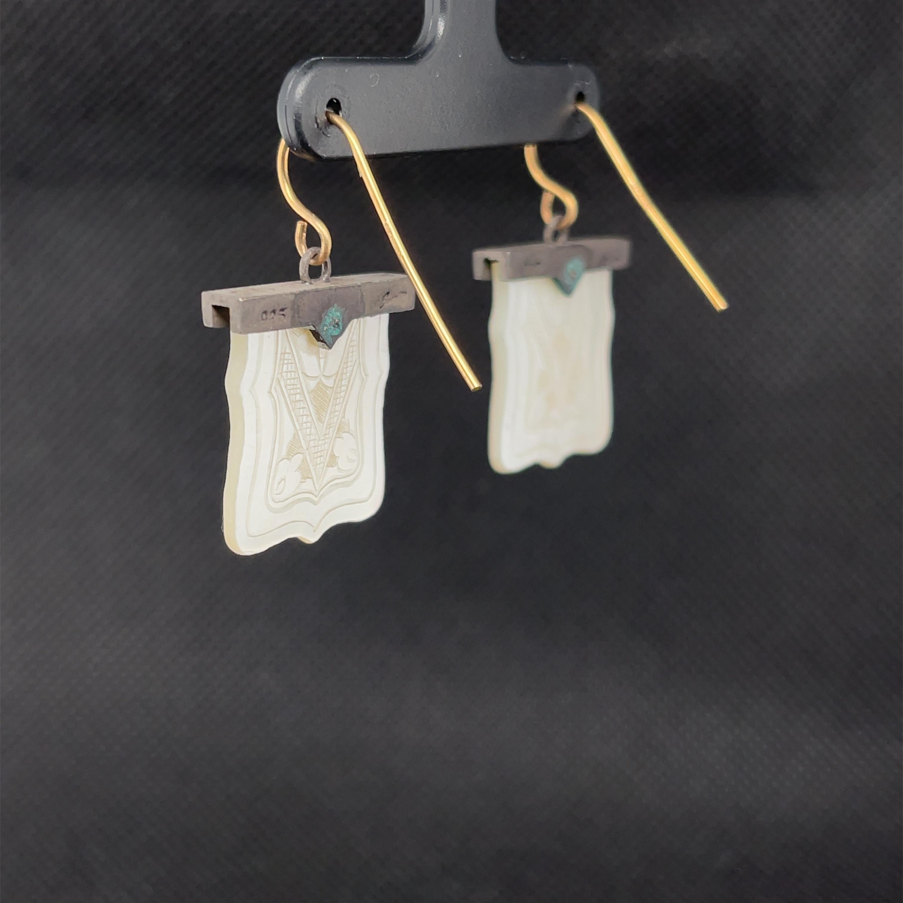 Antique Mother-of-Pearl Gaming Counter Dangle Earrings in Gold and Silver In New Condition For Sale In Los Angeles, CA