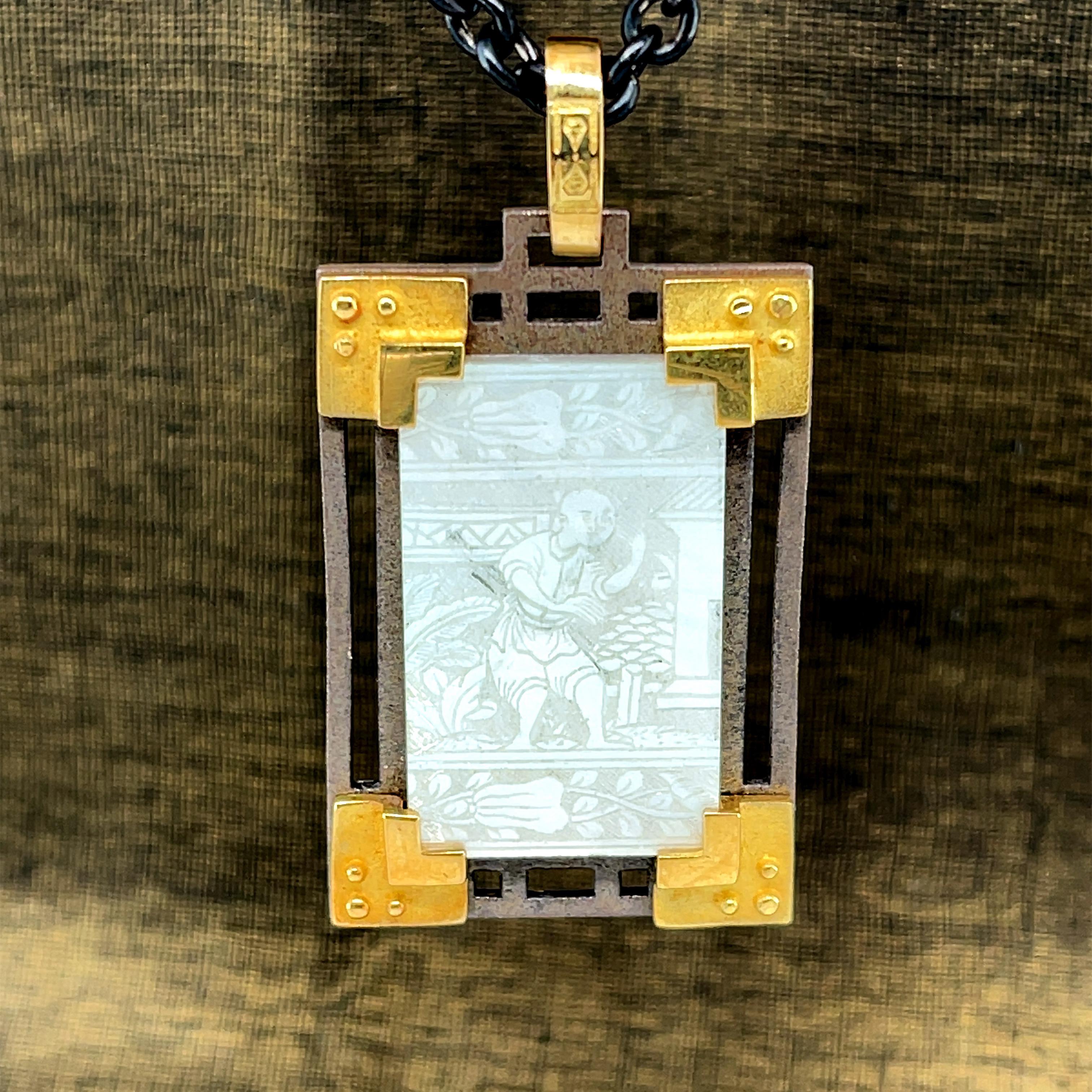 This pendant features an original antique mother-of-pearl Chinese gambling counter that has been finely engraved with a beautiful scene depicting life in 18th Century China. These gaming counters were carved in China for export to Britain, where