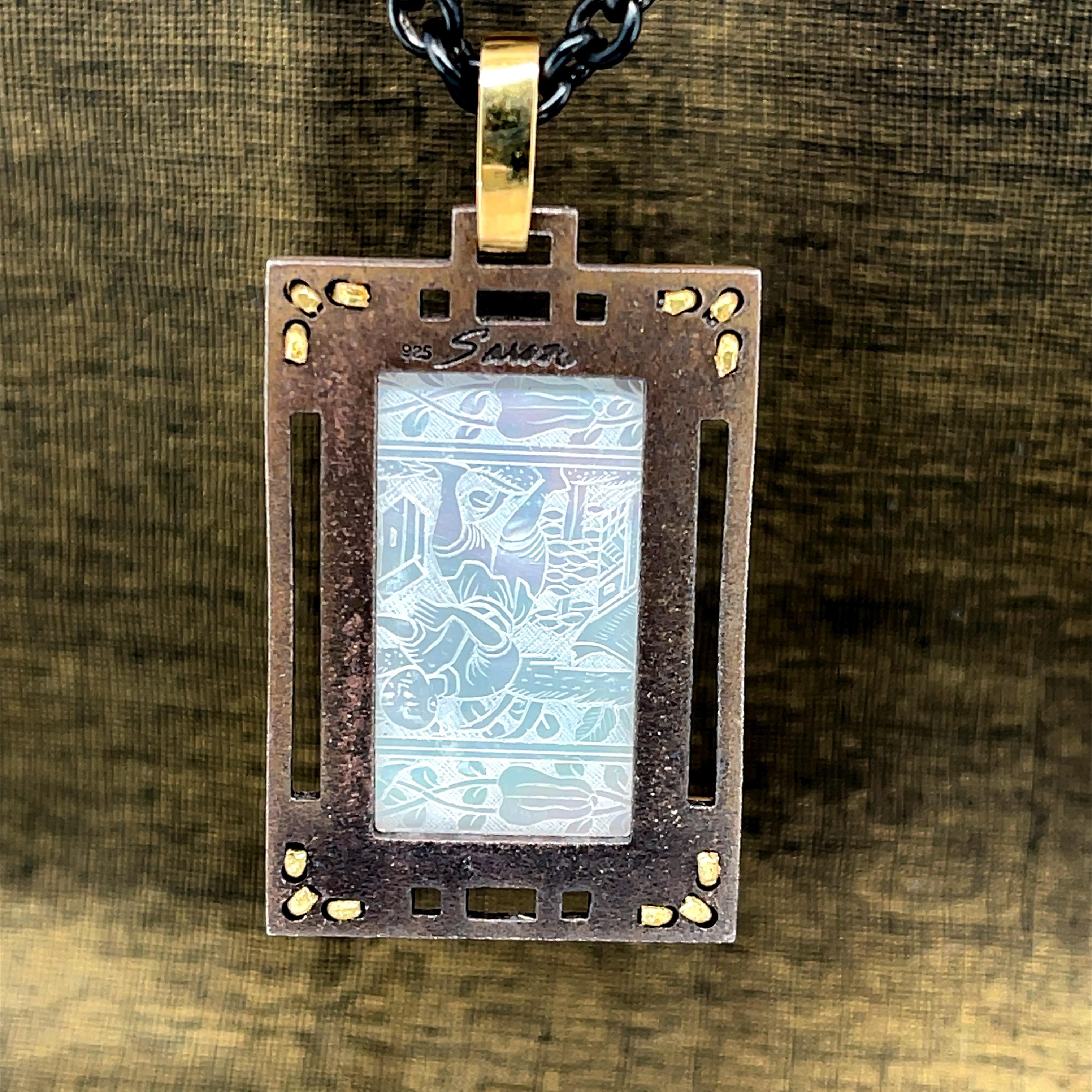 Artisan Antique Mother-of-Pearl Gaming Counter Pendant in Gold and Blackened Silver   For Sale