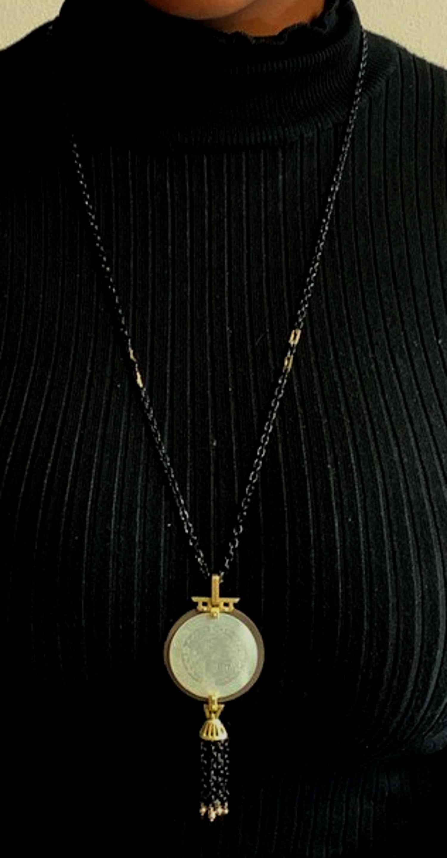 Artisan  Mother-of-Pearl Gaming Counter Necklace with Gold, Silver, and Blackened Steel For Sale