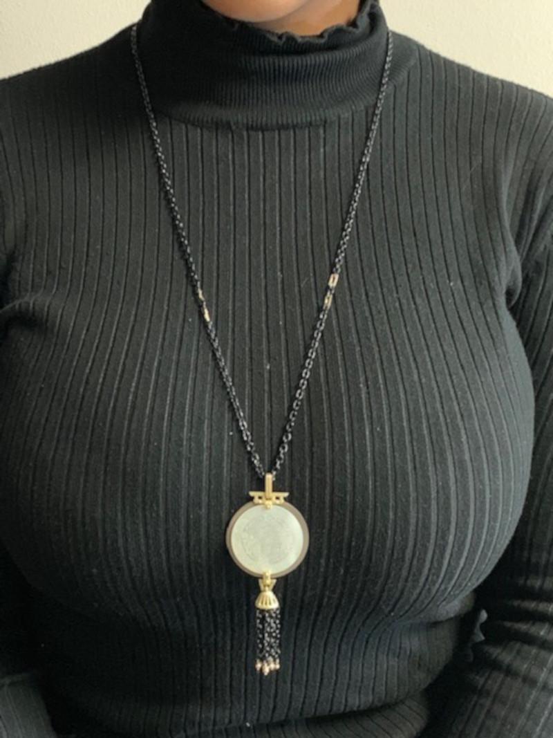 Mixed Cut  Mother-of-Pearl Gaming Counter Necklace with Gold, Silver, and Blackened Steel For Sale