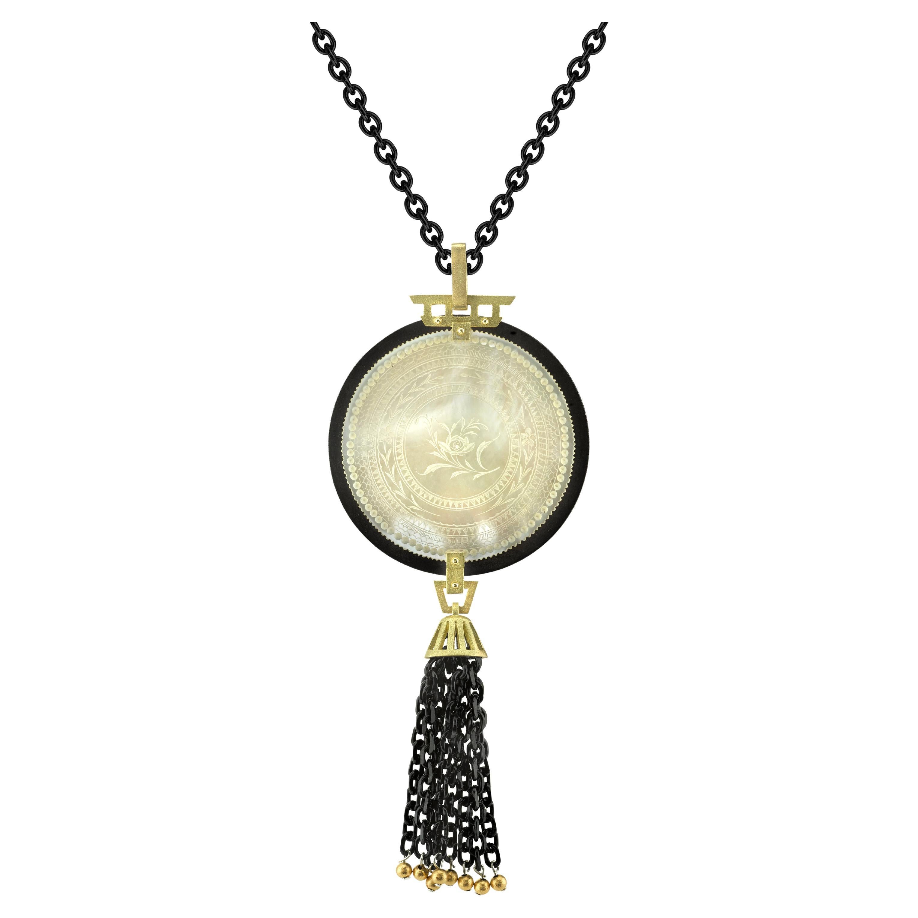  Mother-of-Pearl Gaming Counter Necklace with Gold, Silver, and Blackened Steel For Sale