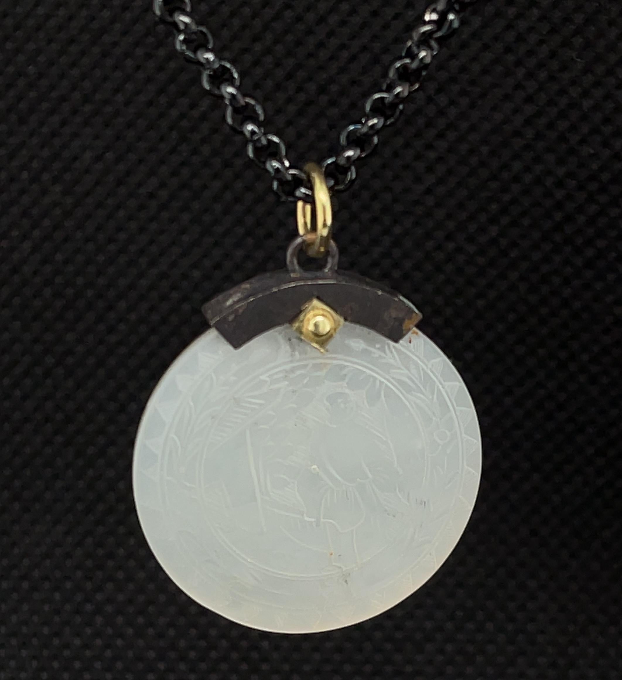 Round Cut Antique Engraved Mother-of-Pearl Pendant with Gold, Silver and Blackened Steel For Sale