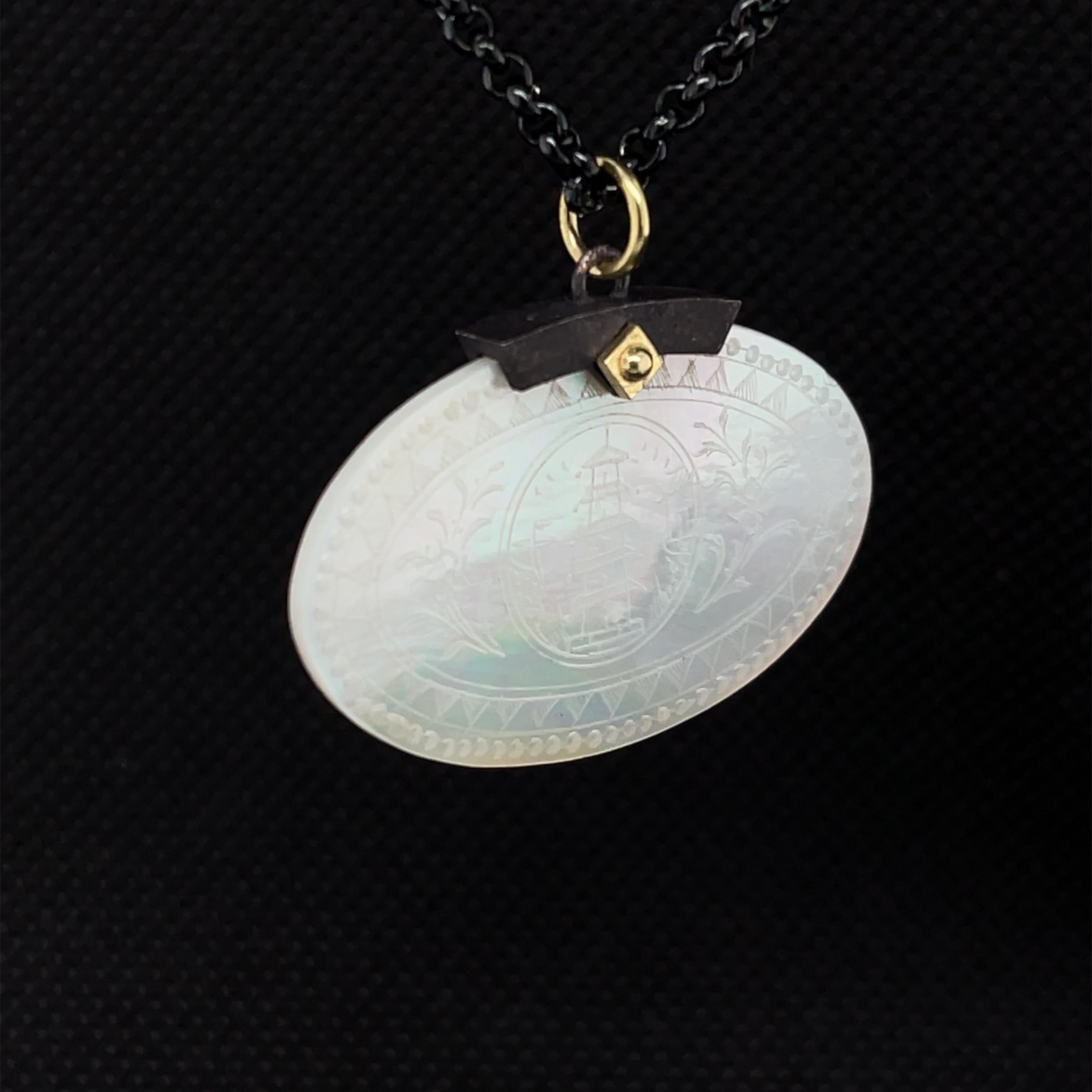 Artisan Antique Mother-of-Pearl Gaming Counter Pendant in Gold, Blackened Silver & Steel For Sale