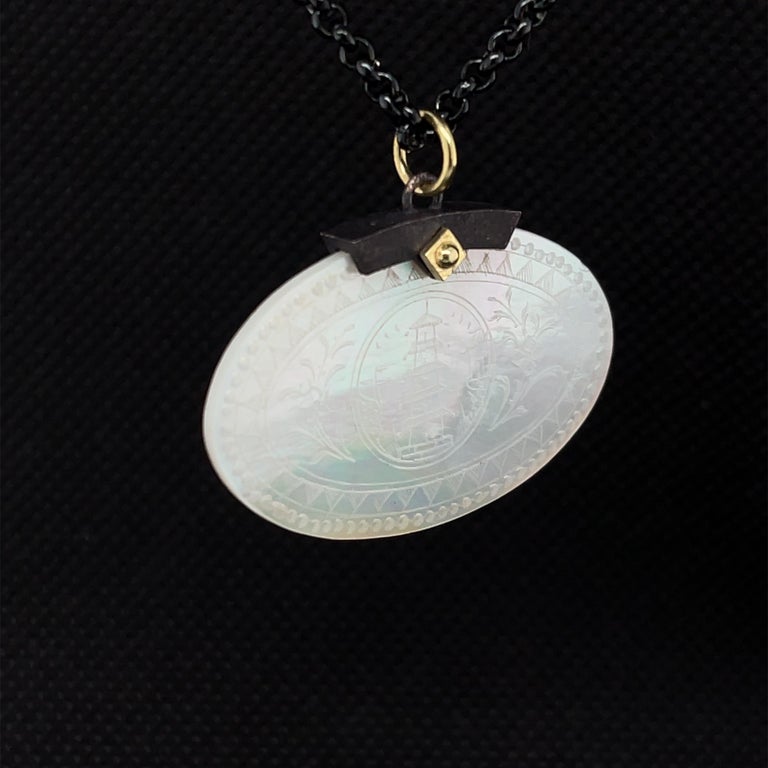 Oval Cut Antique Mother-of-Pearl Gaming Counter Yellow Gold Silver Pendant Steel Chain For Sale