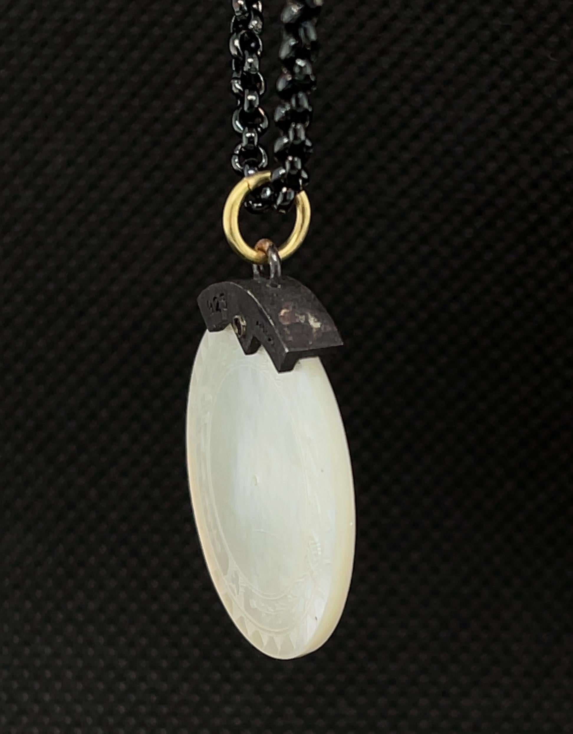 Antique Engraved Mother-of-Pearl Pendant with Gold, Silver and Blackened Steel In New Condition For Sale In Los Angeles, CA