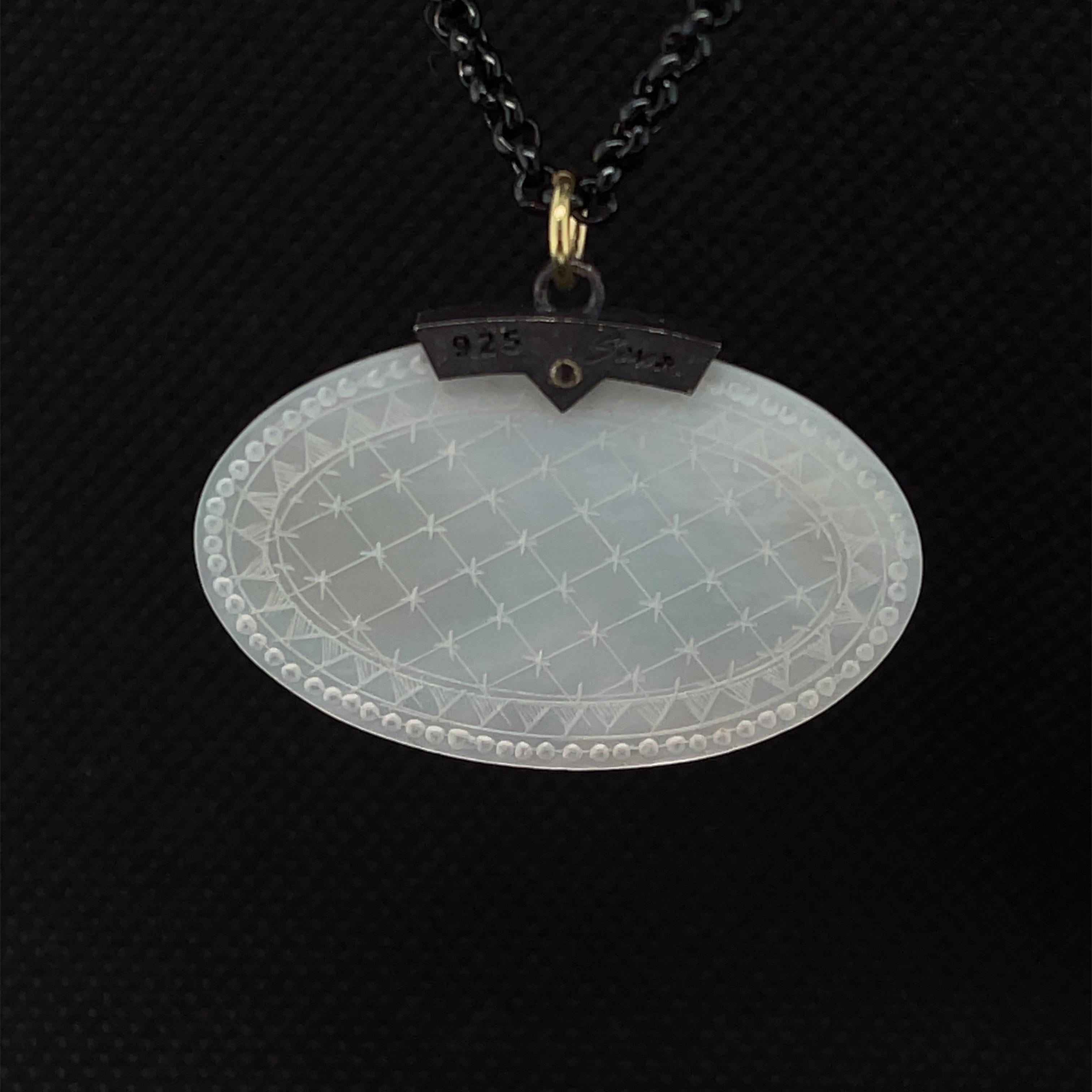 Oval Cut Antique Mother-of-Pearl Gaming Counter Pendant in Gold, Blackened Silver & Steel For Sale