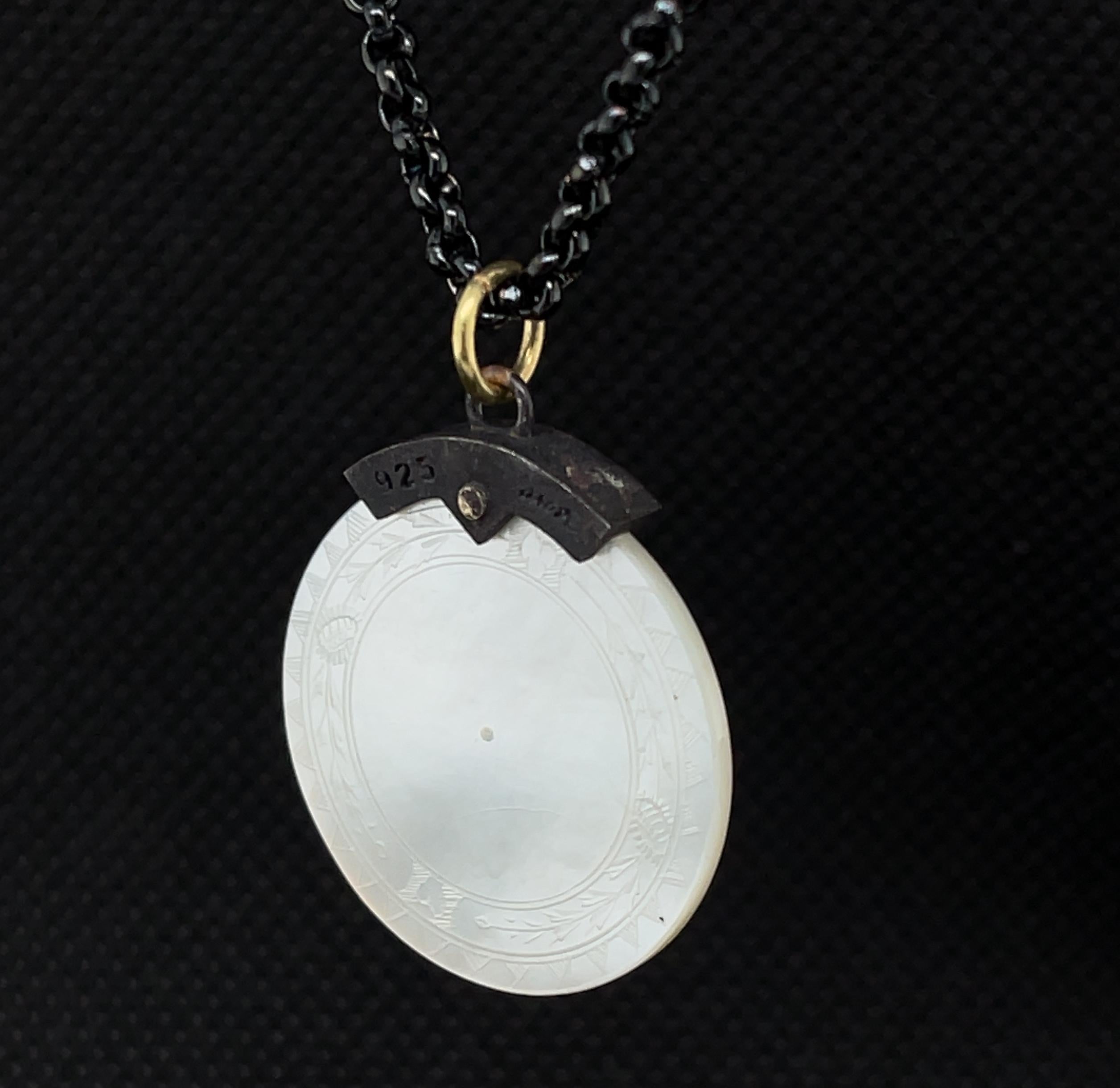 Women's or Men's Antique Engraved Mother-of-Pearl Pendant with Gold, Silver and Blackened Steel For Sale