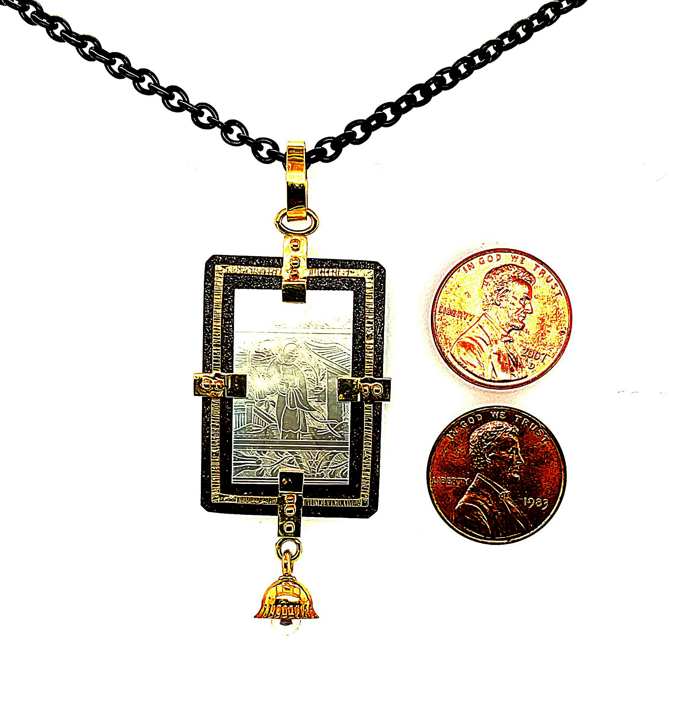 Artisan Antique Mother-of-Pearl Pendant in Gold and Silver with Blackened Steel Chain For Sale