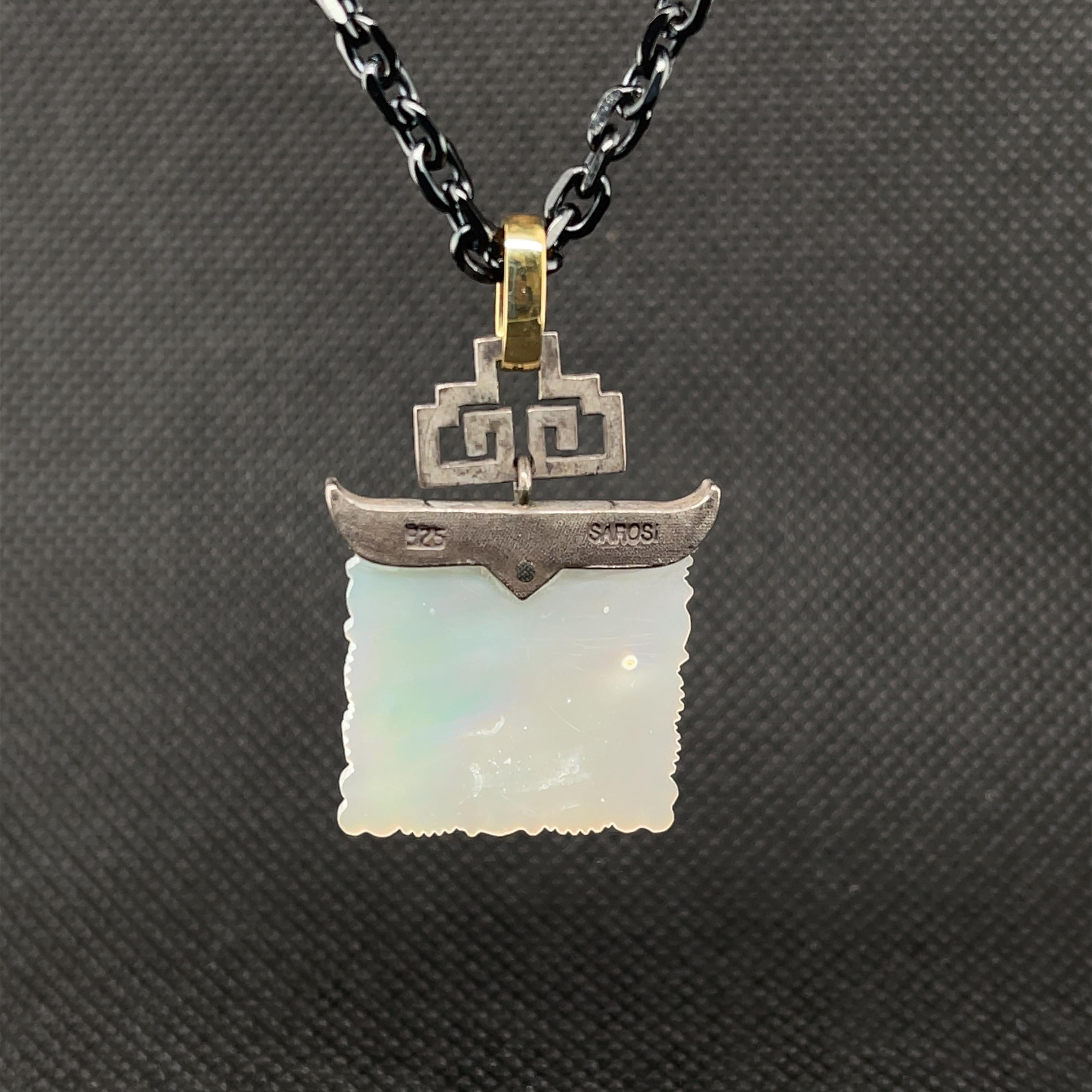 Square Cut Antique Mother-of-Pearl Gaming Counter Pendant in Yellow Gold and Silver  For Sale