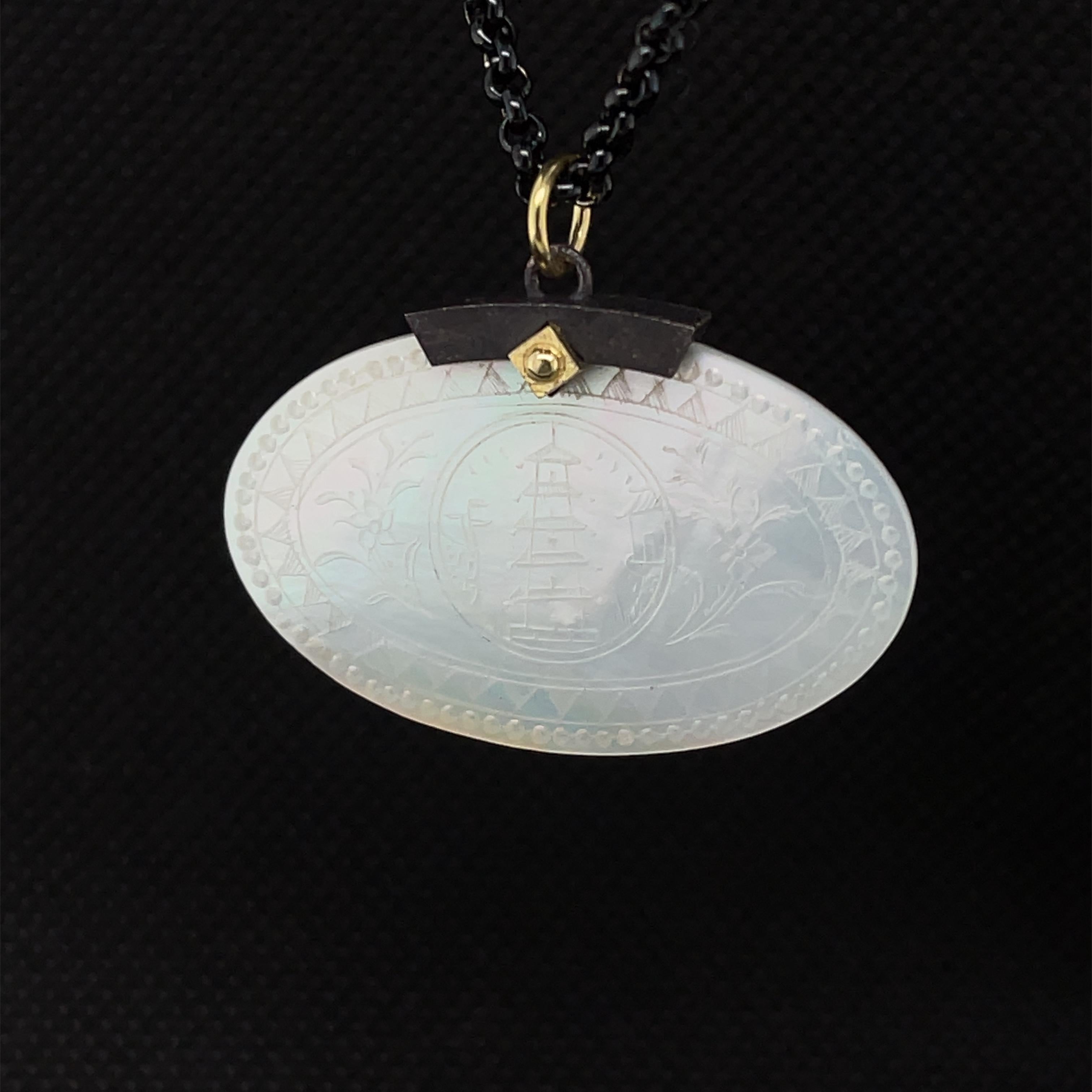 Women's or Men's Antique Mother-of-Pearl Gaming Counter Pendant in Gold, Blackened Silver & Steel For Sale