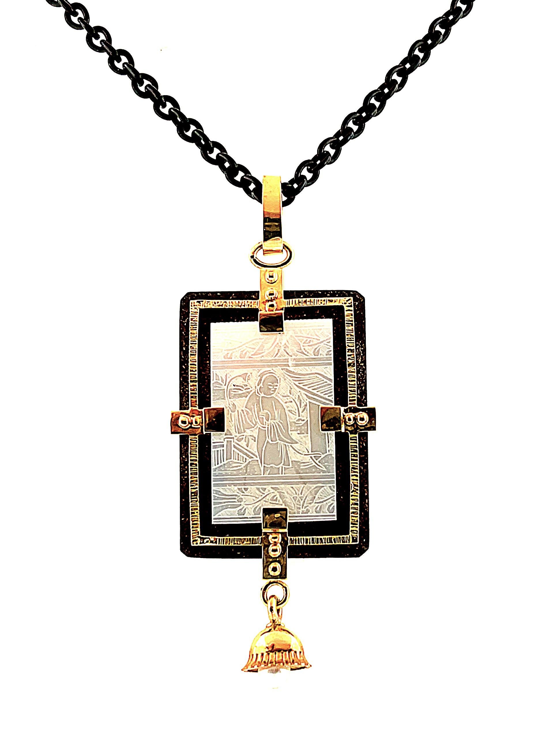 Mixed Cut Antique Mother-of-Pearl Pendant in Gold and Silver with Blackened Steel Chain For Sale