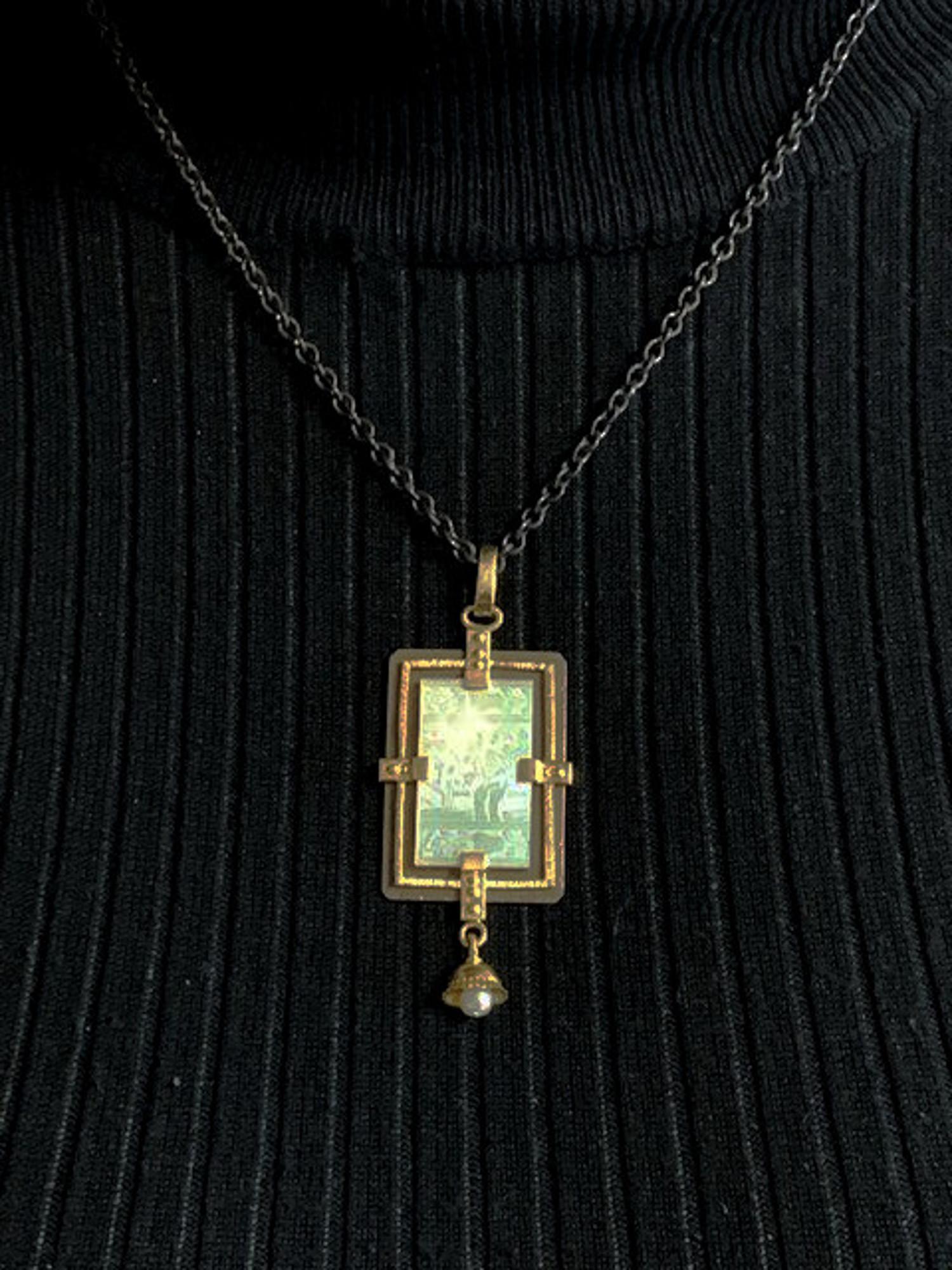 Antique Mother-of-Pearl Pendant in Gold and Silver with Blackened Steel Chain In New Condition For Sale In Los Angeles, CA