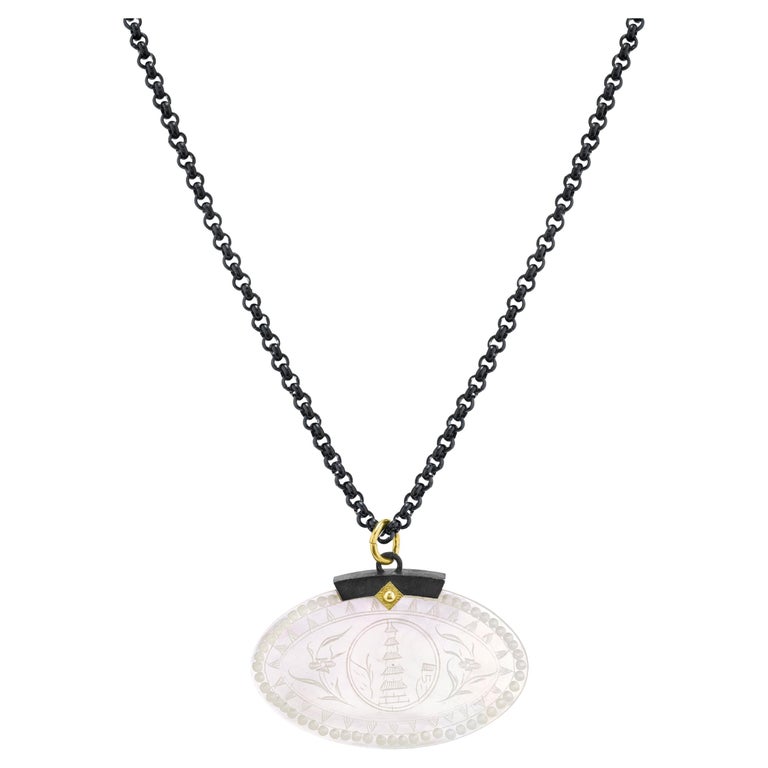 Antique Mother-of-Pearl Gaming Counter Yellow Gold Silver Pendant Steel Chain For Sale