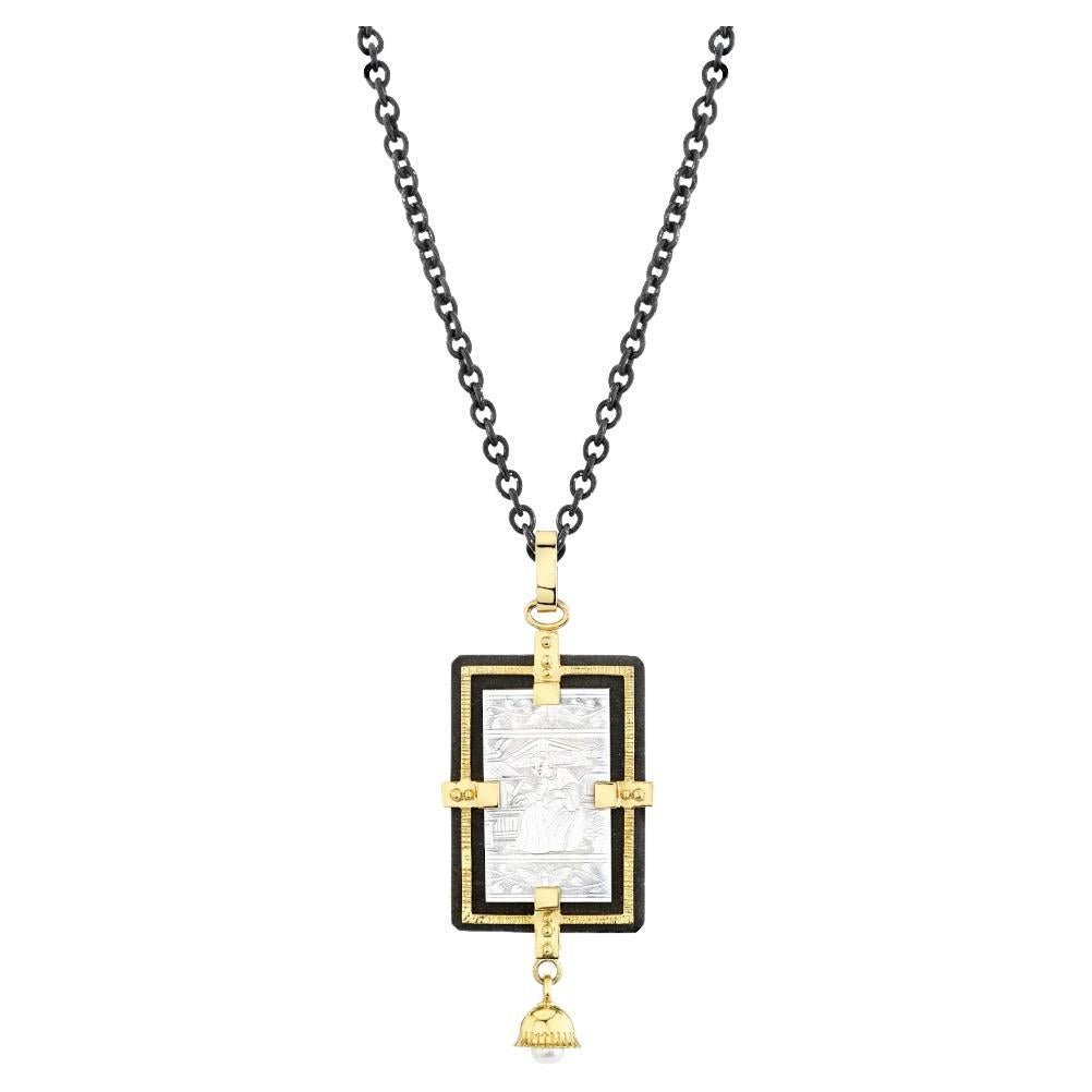 Antique Mother-of-Pearl Pendant in Gold and Silver with Blackened Steel Chain For Sale