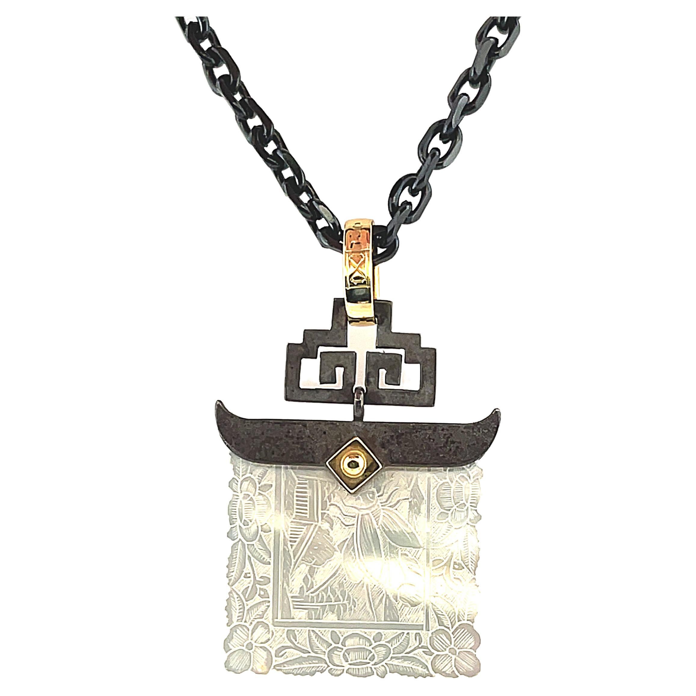 Antique Mother-of-Pearl Gaming Counter Yellow Gold Silver Pendant Steel Chain