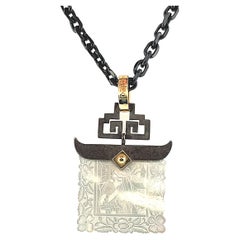Antique Mother-of-Pearl Gaming Counter Yellow Gold Silver Pendant Steel Chain