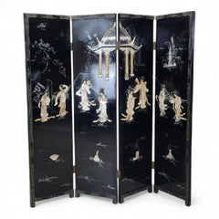 Antique Mother Of Pearl & Hand Painted Asian 4 Panel Privacy Screen