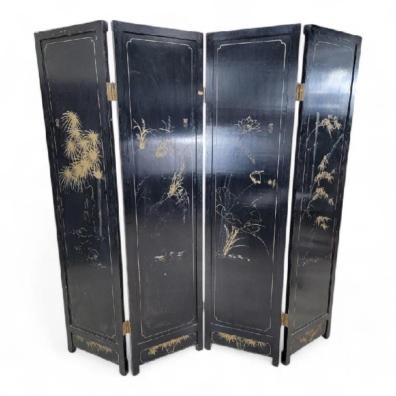 Chinoiserie Antique Mother Of Pearl & Hand Painted Asian 4 Panel Privacy Screen For Sale