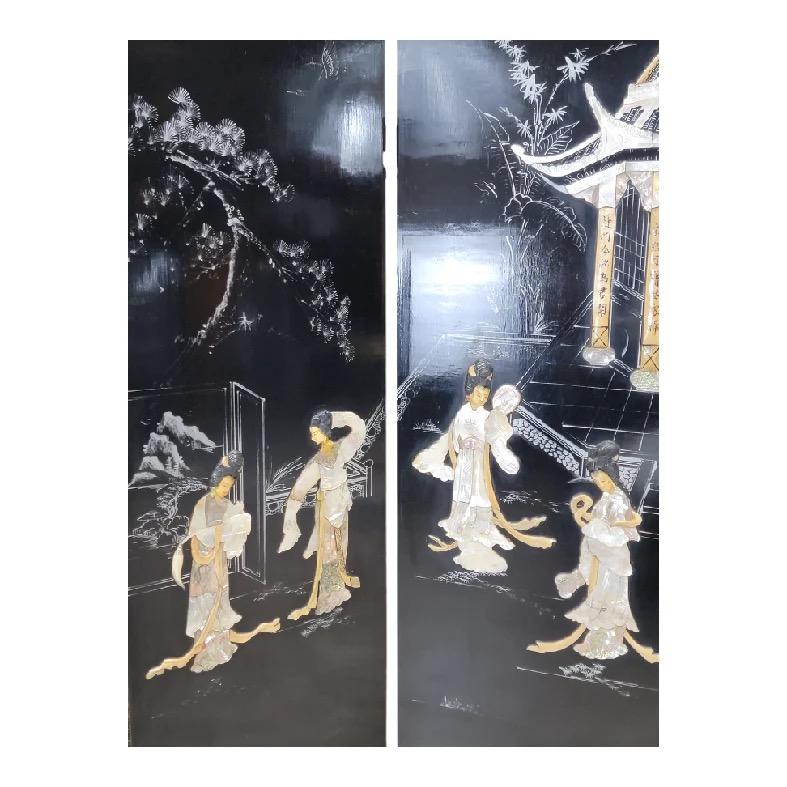 Unknown Antique Mother Of Pearl & Hand Painted Asian 4 Panel Privacy Screen For Sale