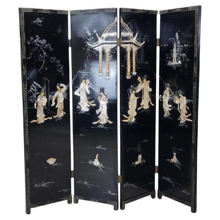 Antique Mother Of Pearl & Hand Painted Asian 4 Panel Privacy Screen