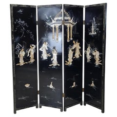 Antique Mother Of Pearl & Hand Painted Asian 4 Panel Privacy Screen