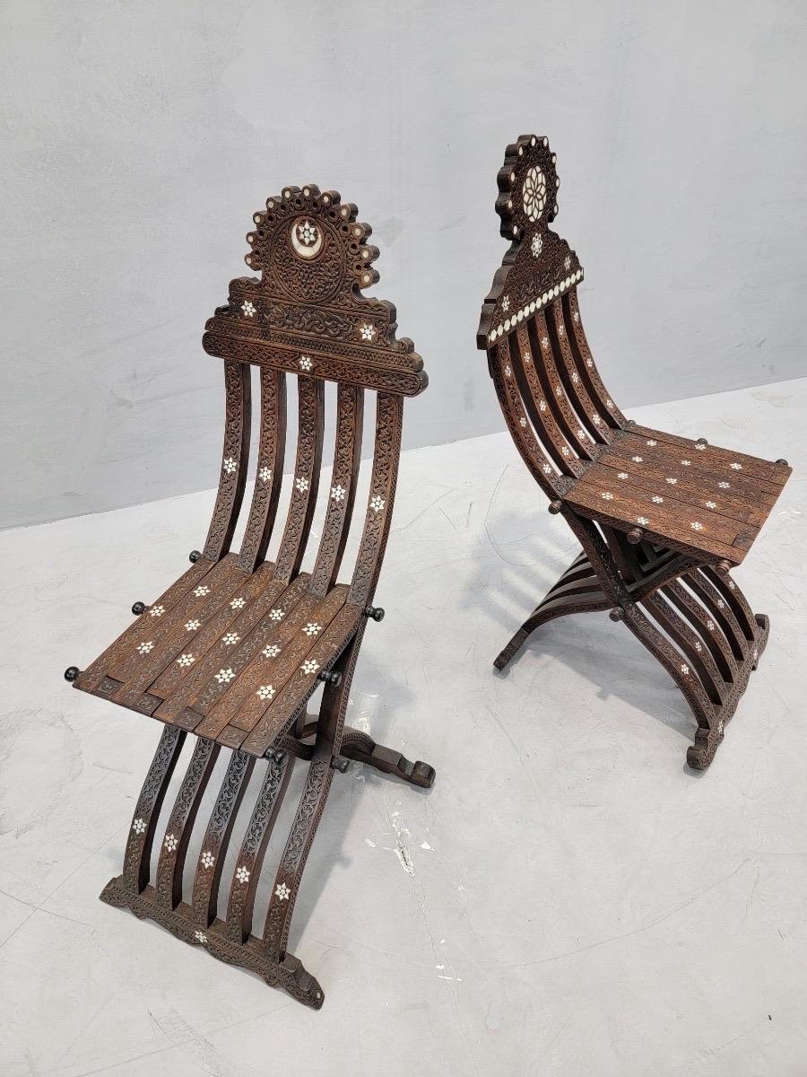 Asian Antique Mother of Pearl Inlaid Folding Middle Eastern Chairs - Set of 2