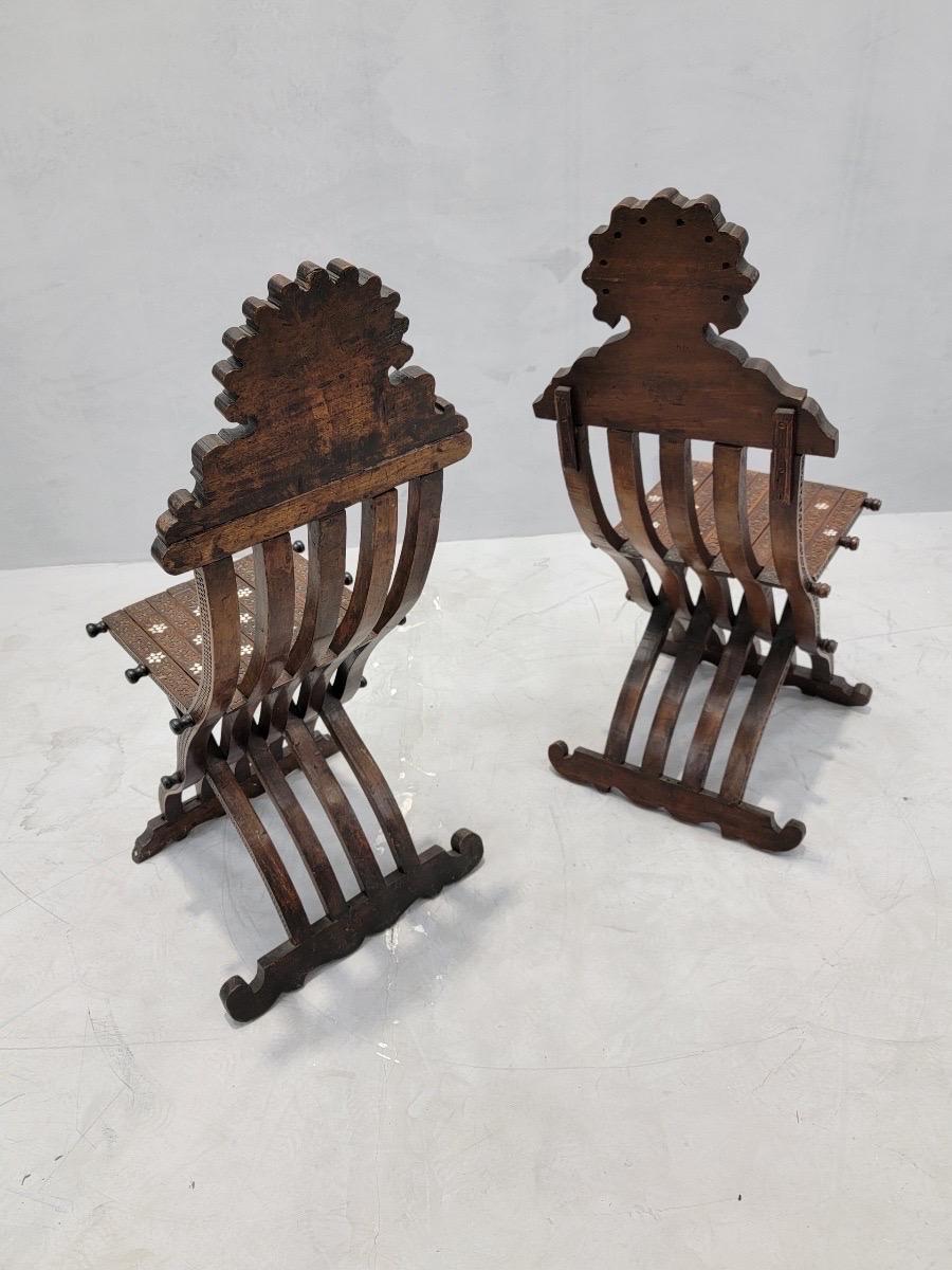 Antique Mother of Pearl Inlaid Folding Middle Eastern Chairs - Set of 2 In Good Condition In Chicago, IL