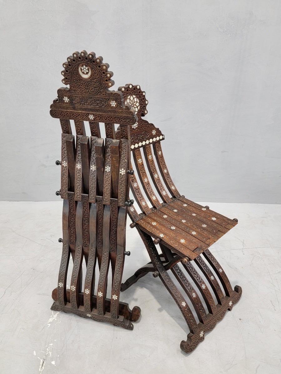 Antique Mother of Pearl Inlaid Folding Middle Eastern Chairs - Set of 2 2