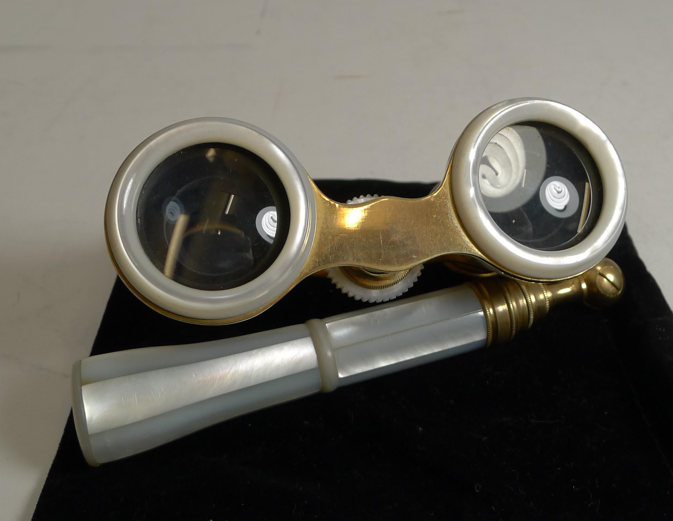 Edwardian Antique Mother of Pearl Opera Glasses with Lorgnette Handle, circa 1900
