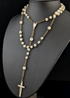 Antique Mother of Pearl Rosary bead necklace, INRI cross pendant