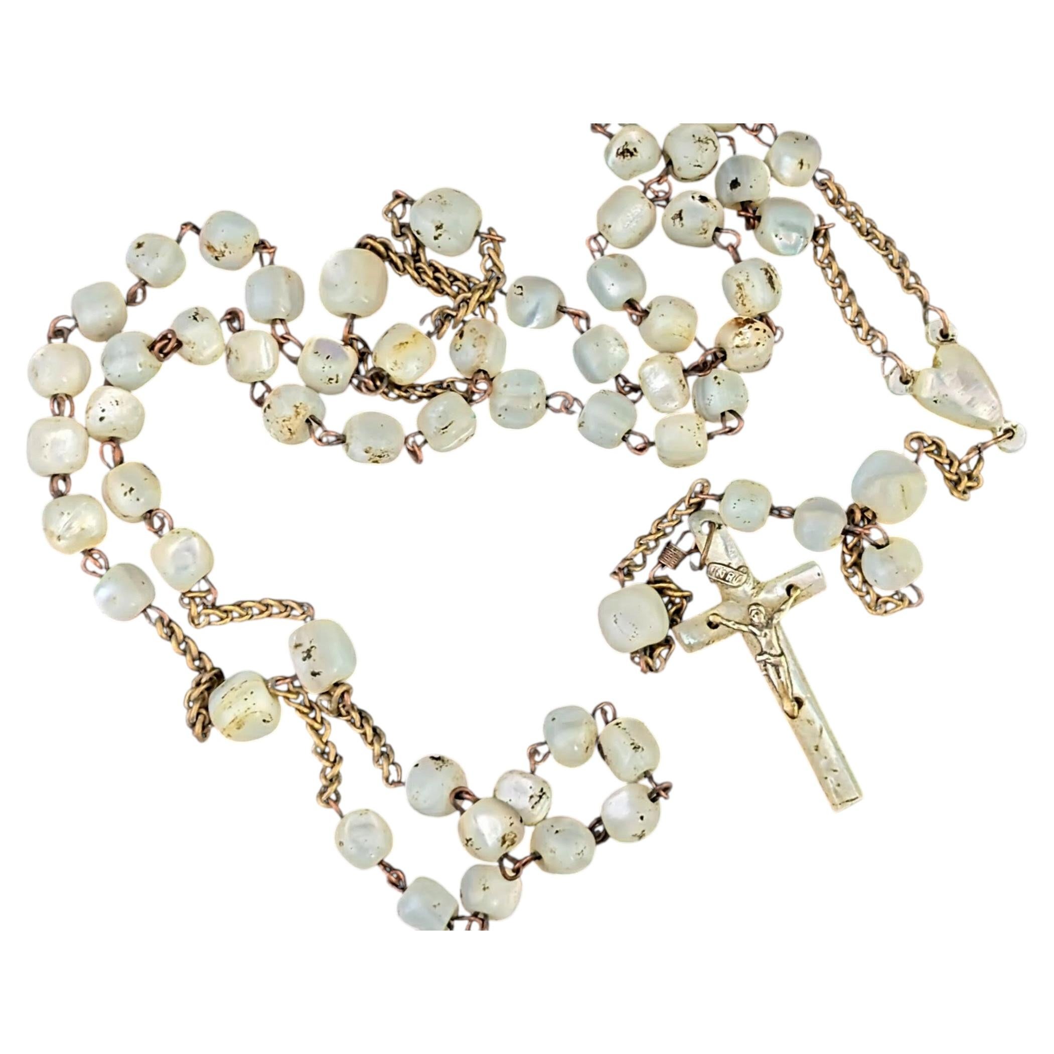 Antique Mother of Pearl Rosary bead necklace, INRI cross pendant