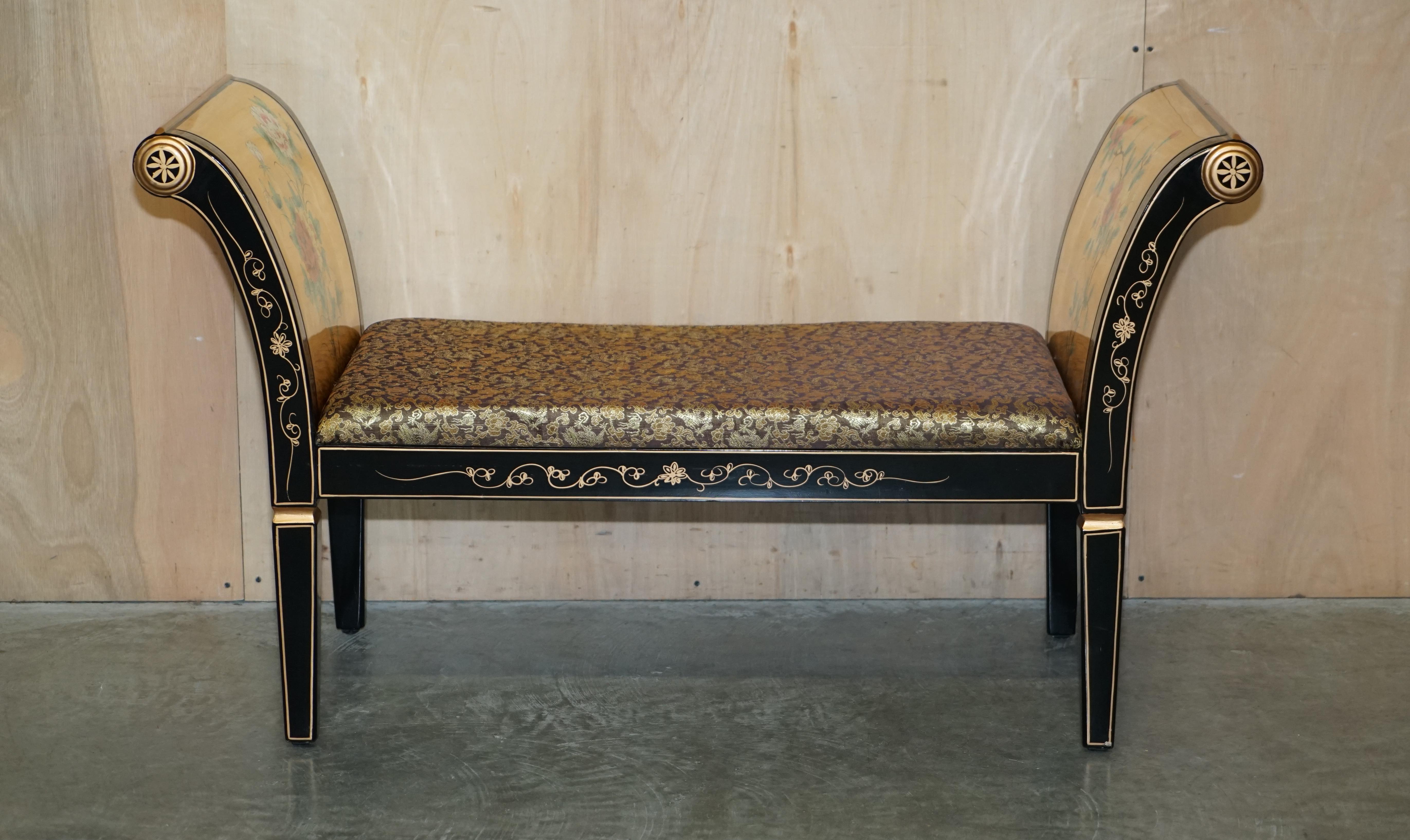We are delighted to offer for sale this stunning antique Chinese Chinoiserie, hand made bench or window seat with gold Dragon upholstery and Soapstone & Mother of Pearl Geisha Girl decoration 

A truly stunning piece, this is pure art furniture