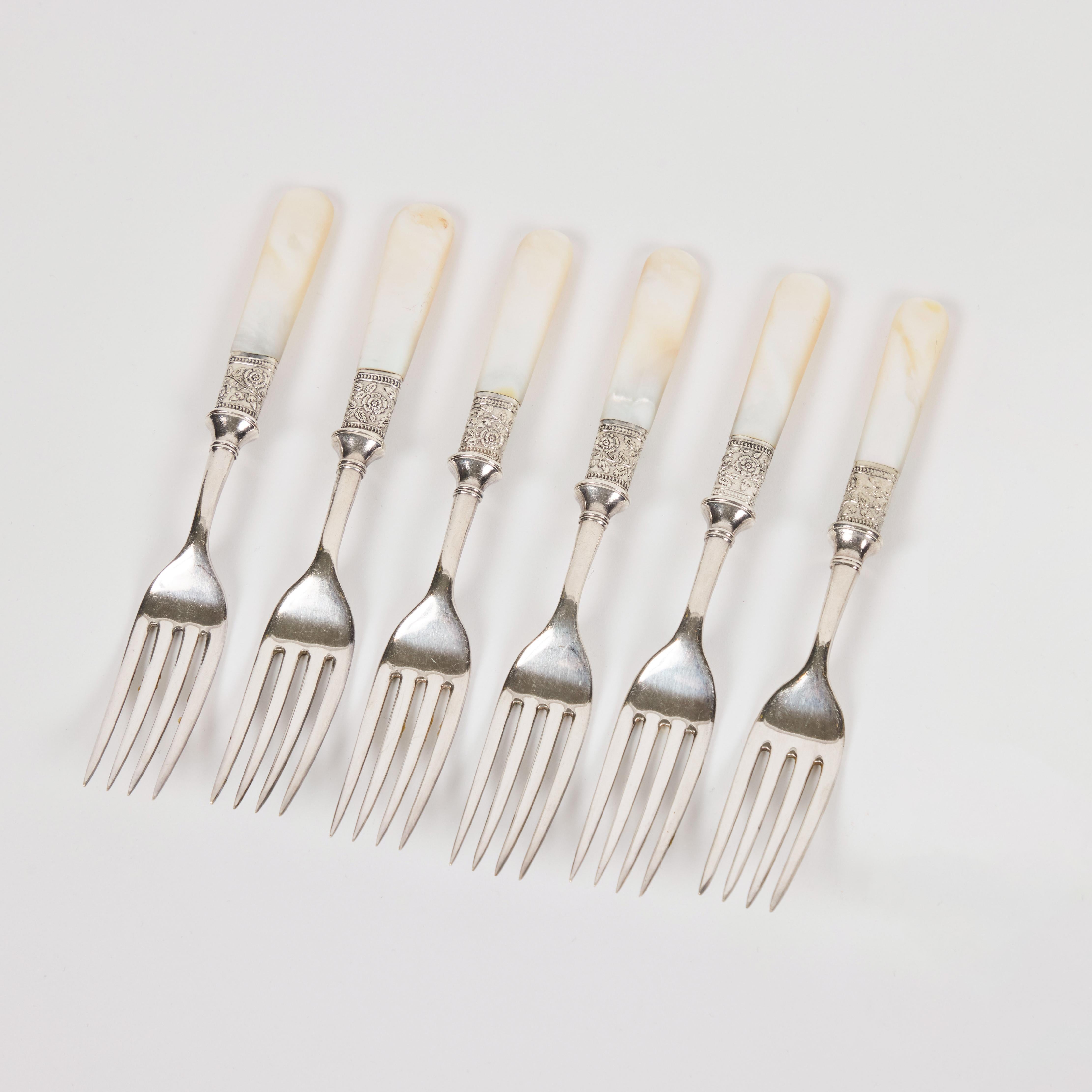 Silver Plate Antique Mother Of Pearl + Sterling Silver Flatware  Set of 6