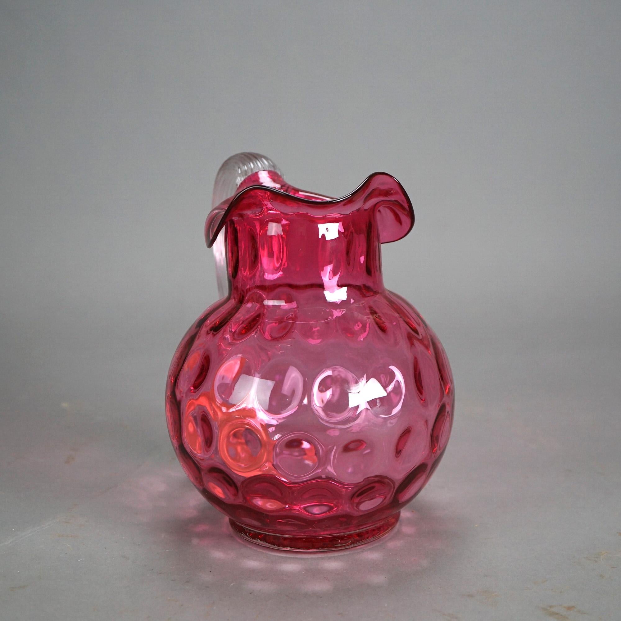 Antique Mount Washington Cranberry Coinspot Glass Pitcher with Applied Colorless Ribbed HandleC1910

Measures - 8.5