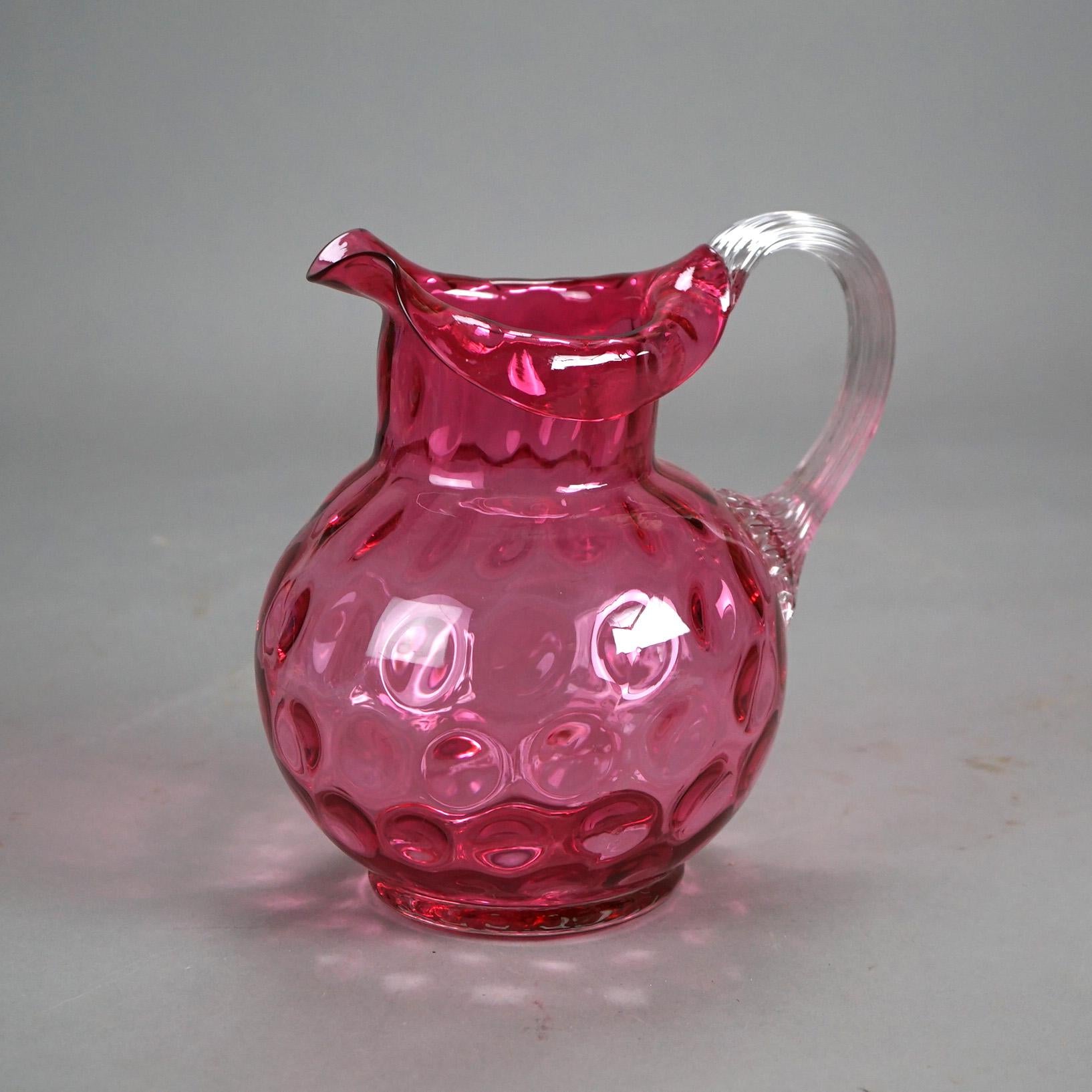 Antique Mount Washington Cranberry Coinspot Glass Pitcher with Ribbed Handle In Good Condition In Big Flats, NY