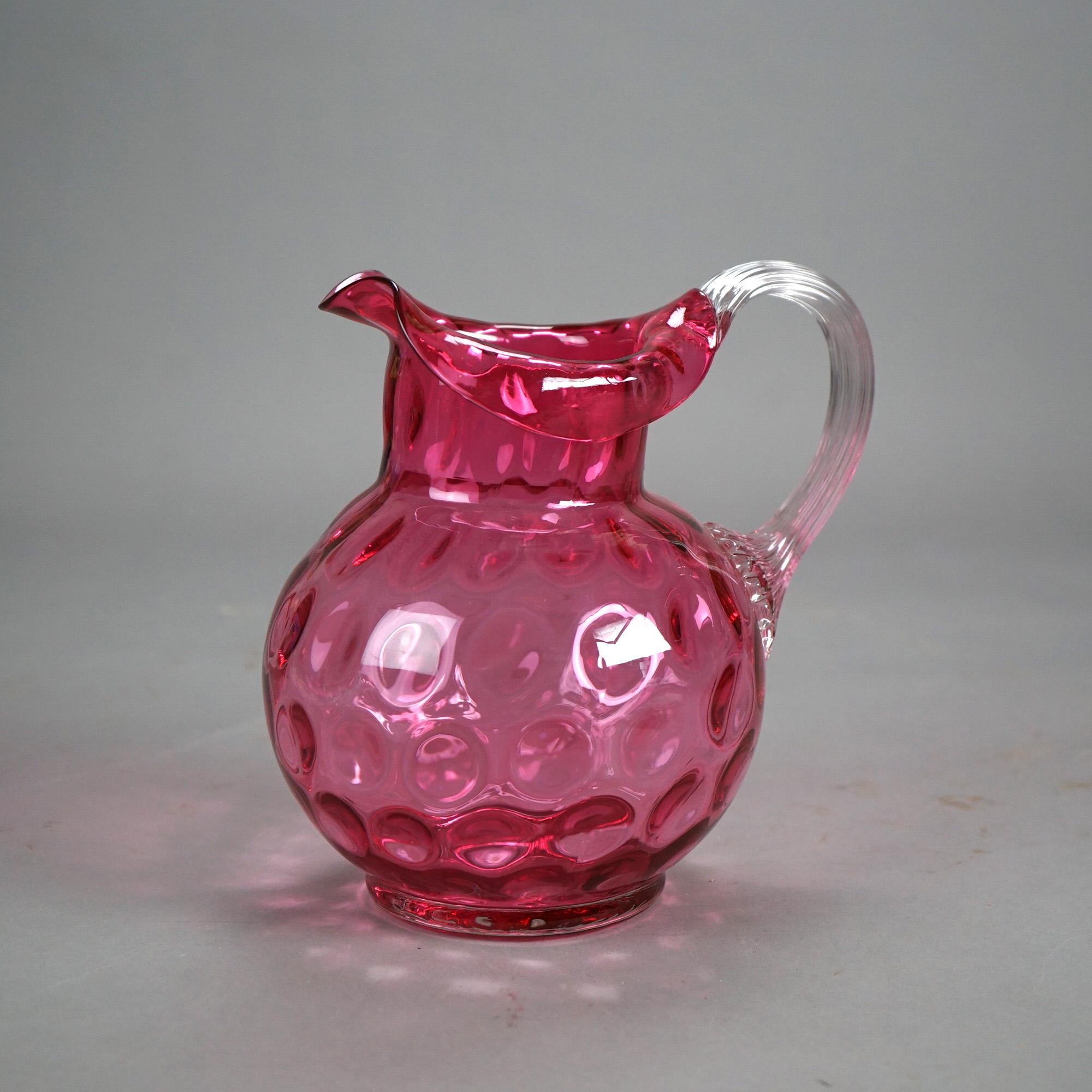 20th Century Antique Mount Washington Cranberry Coinspot Glass Pitcher with Ribbed Handle